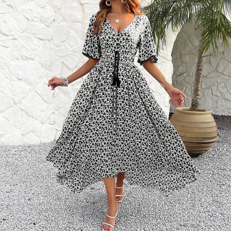 Spring/Summer Women's V-neck High Waist Elegant Printed Dress