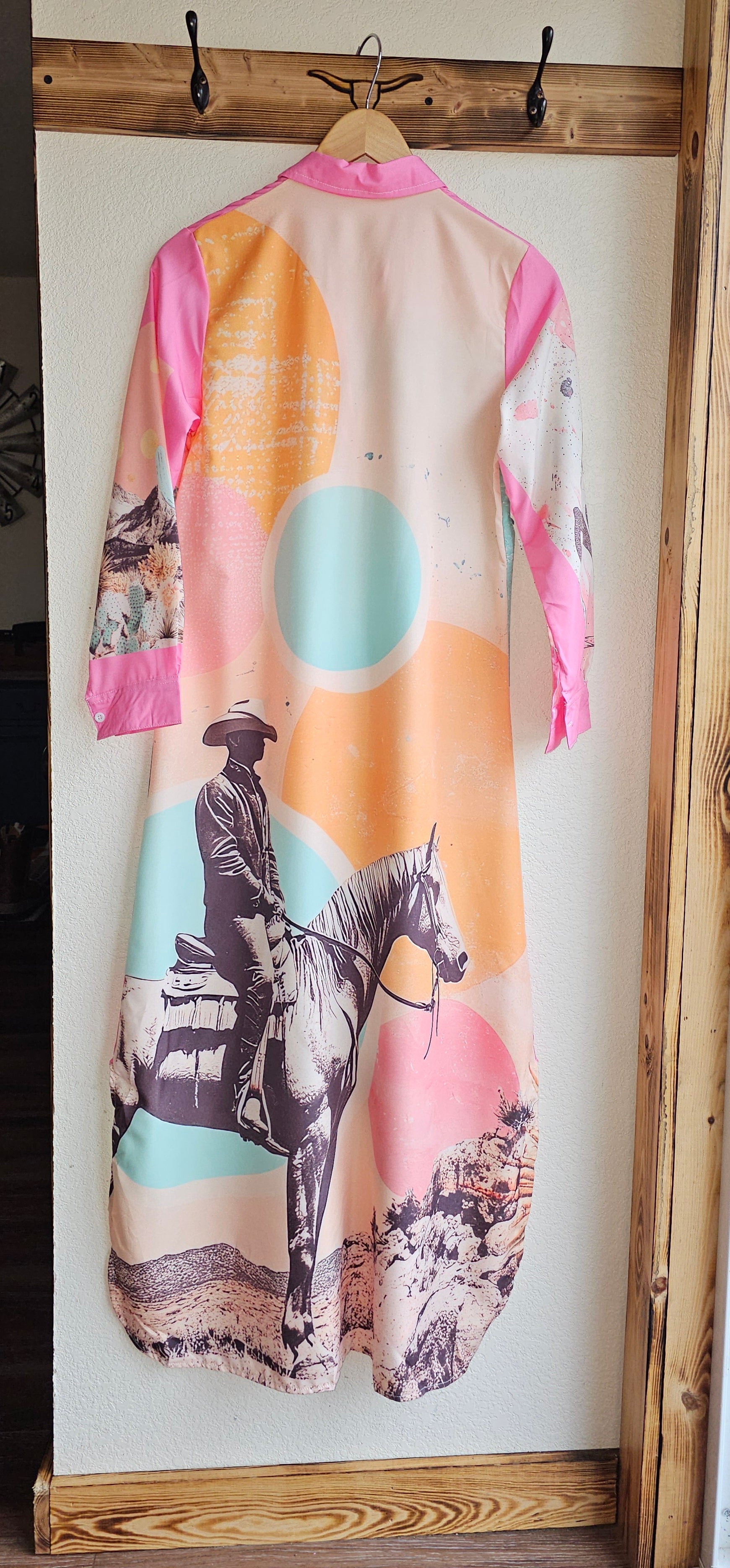 Baha Ranch Retro Pop Western Desert Cowboy Button Up Shirt Dress Duster