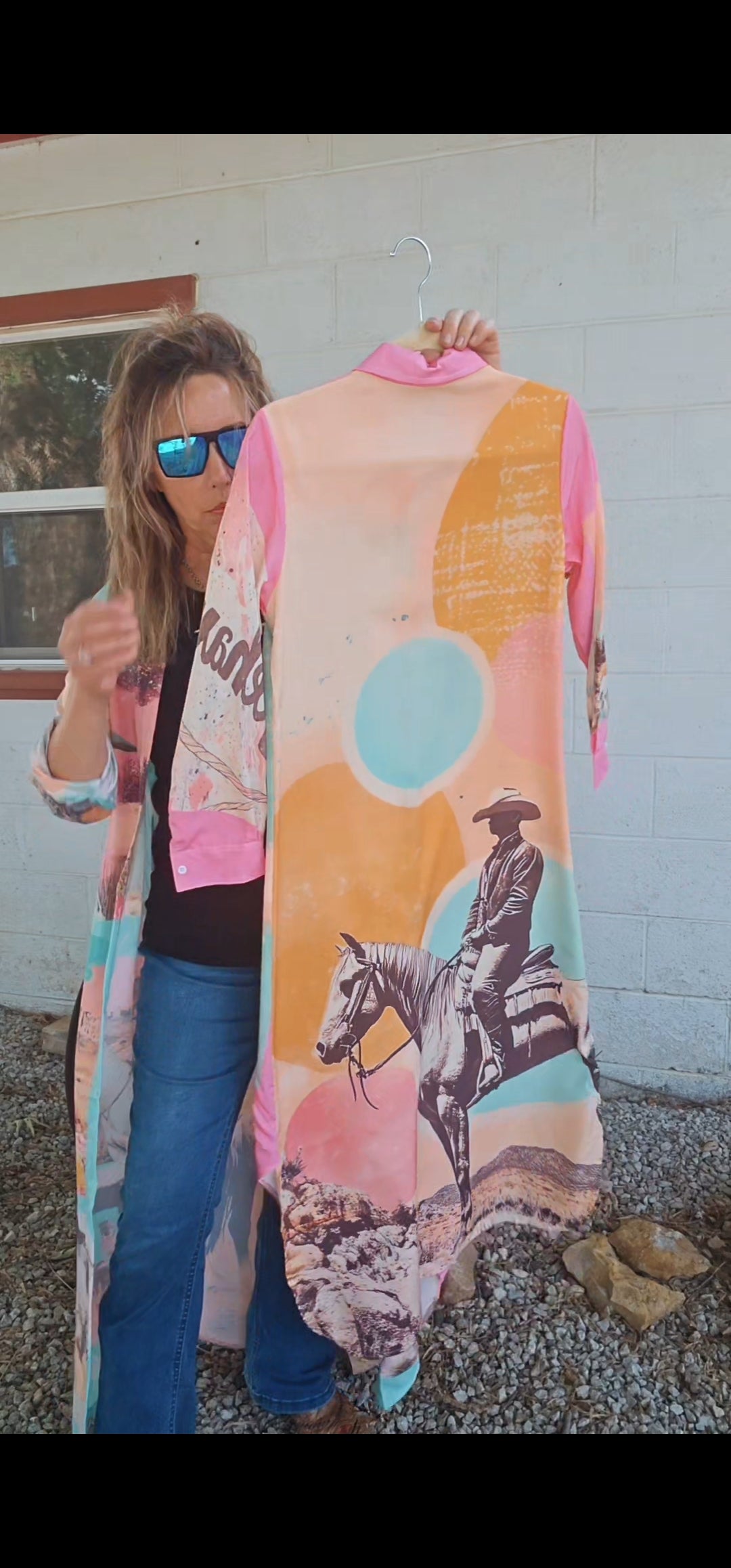Baha Ranch Retro Pop Western Desert Cowboy Button Up Shirt Dress Duster