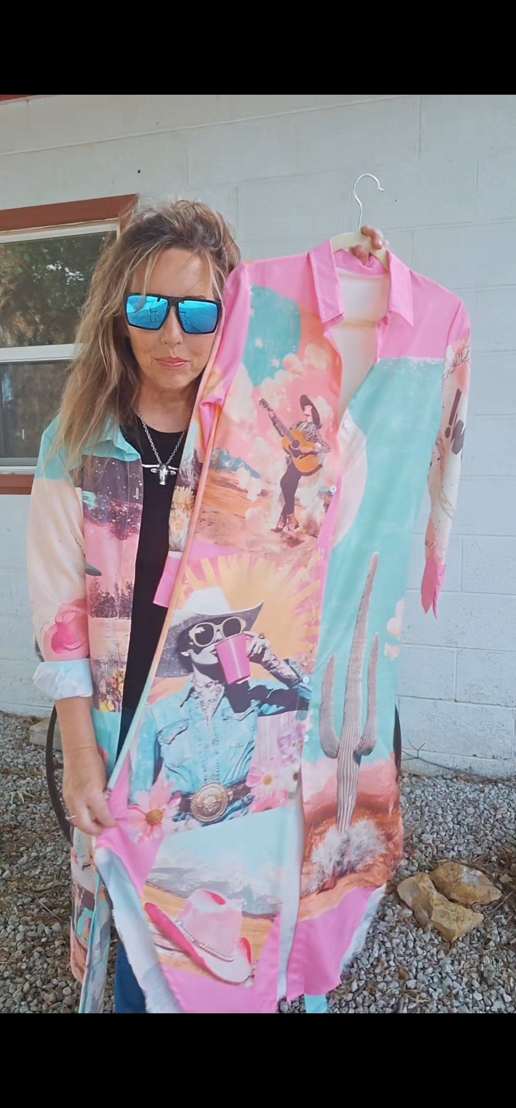 Baha Ranch Retro Pop Western Desert Cowboy Button Up Shirt Dress Duster