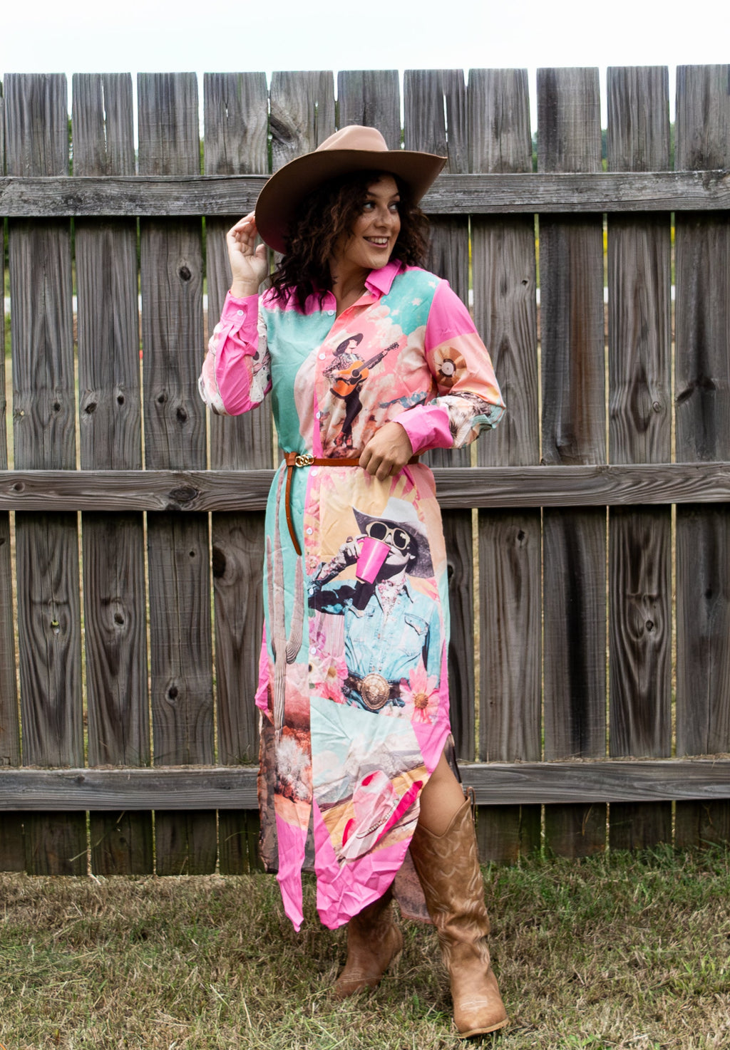 Baha Ranch Retro Pop Western Desert Cowboy Button Up Shirt Dress Duster