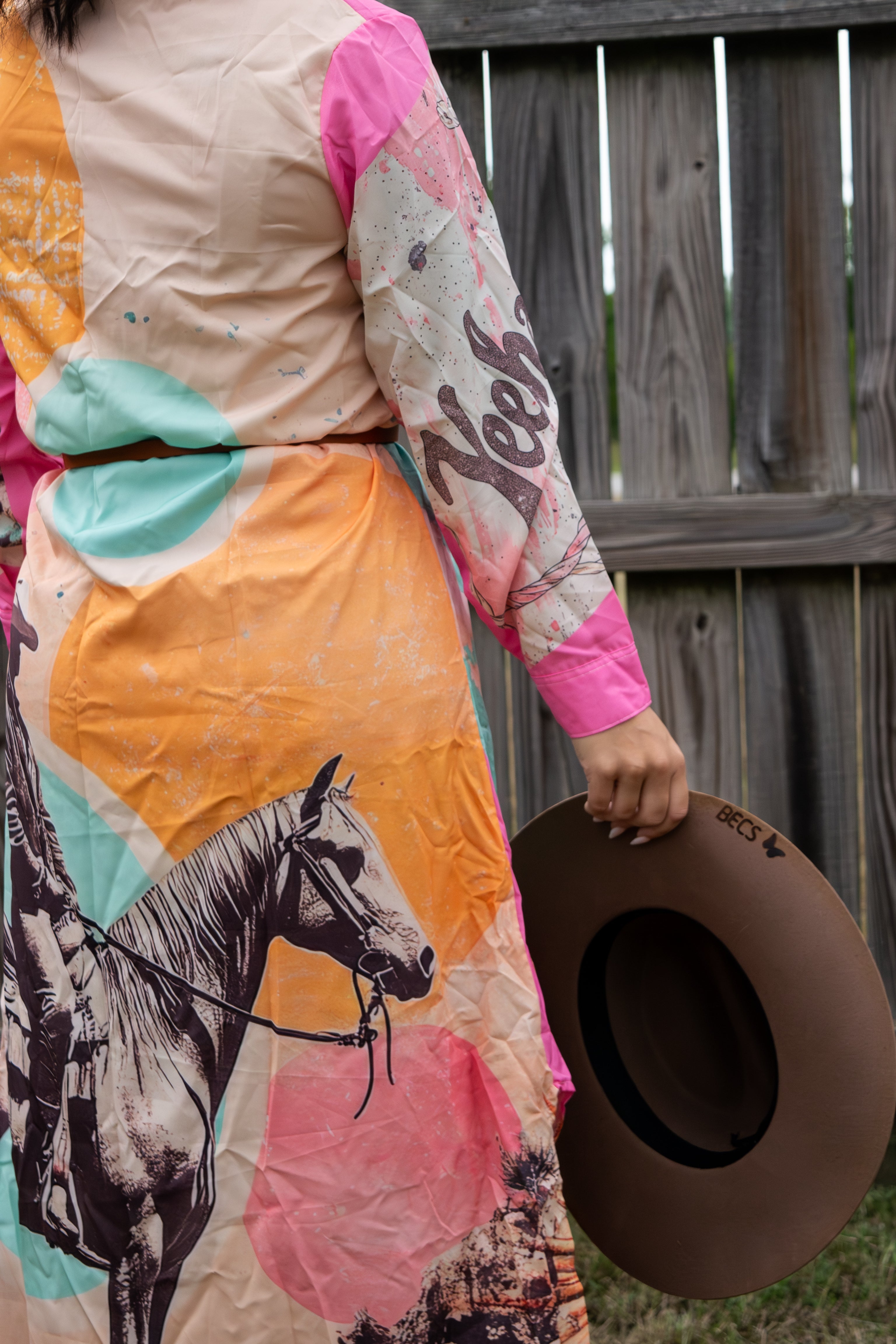 Baha Ranch Retro Pop Western Desert Cowboy Button Up Shirt Dress Duster