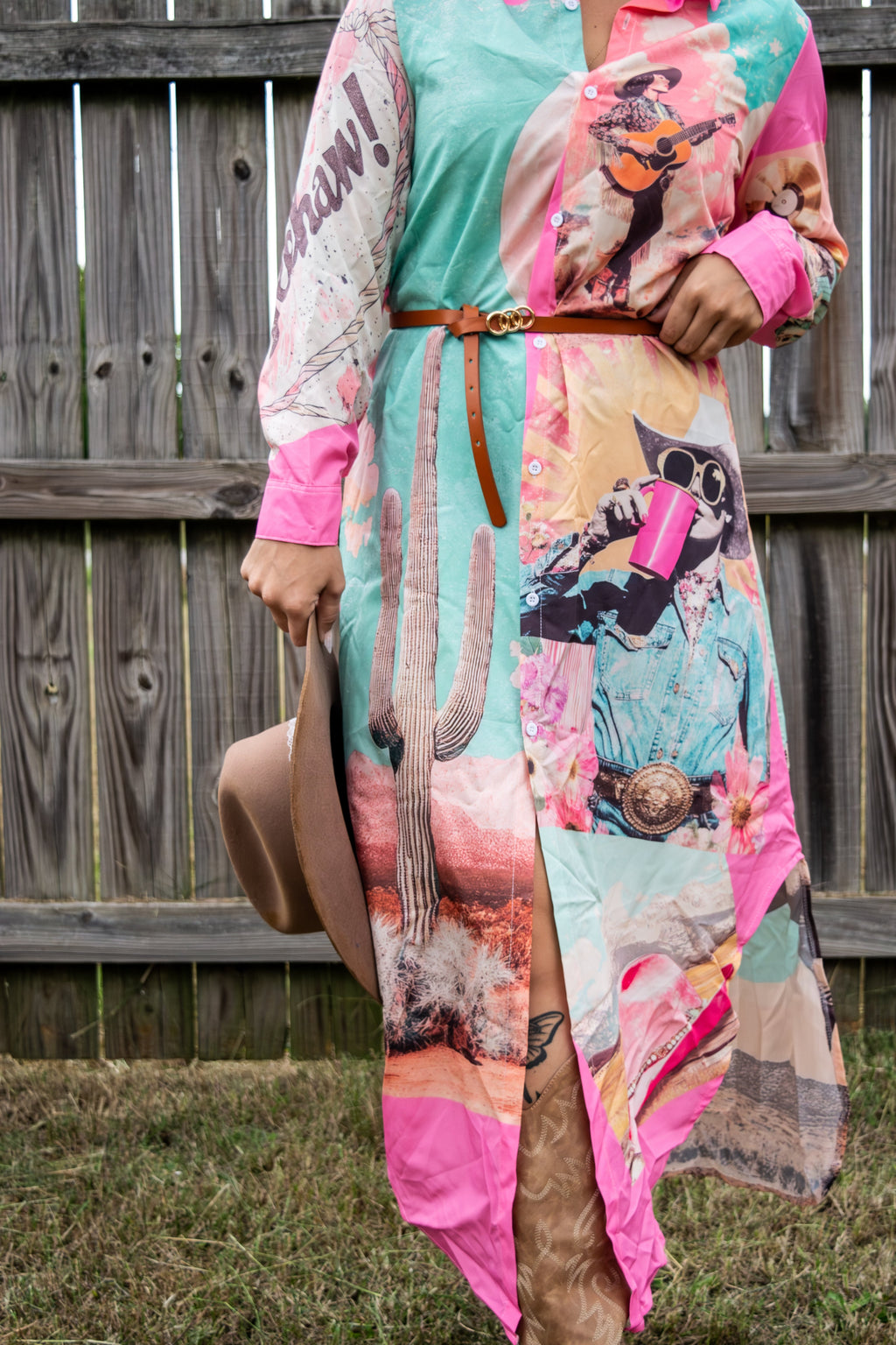 Baha Ranch Retro Pop Western Desert Cowboy Button Up Shirt Dress Duster