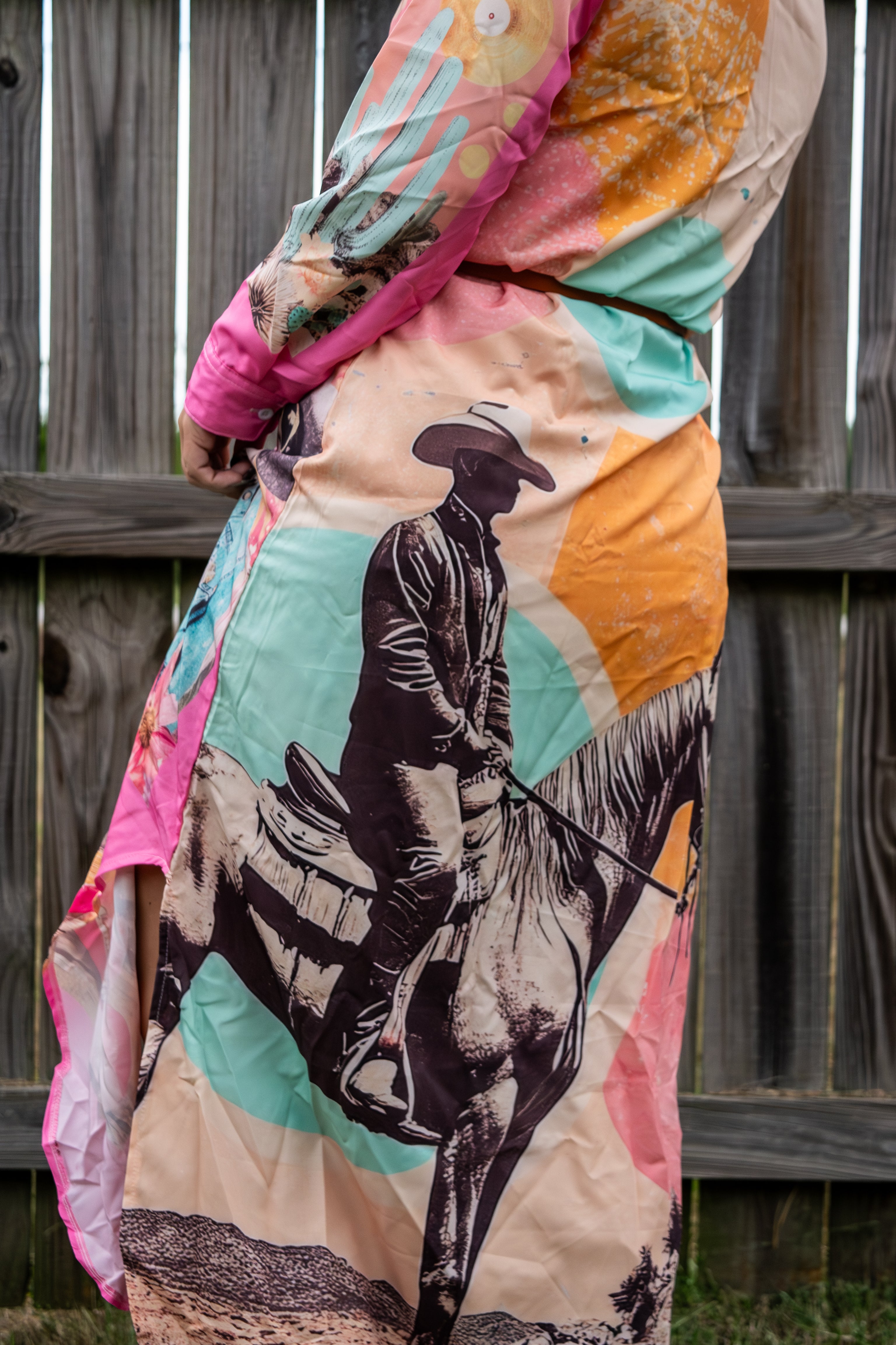 Baha Ranch Retro Pop Western Desert Cowboy Button Up Shirt Dress Duster