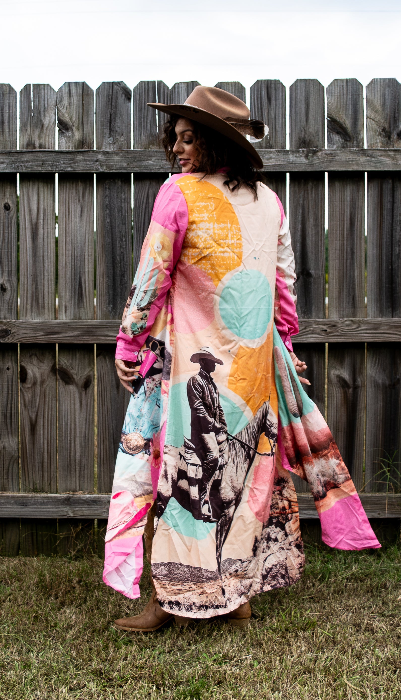 Baha Ranch Retro Pop Western Desert Cowboy Button Up Shirt Dress Duster