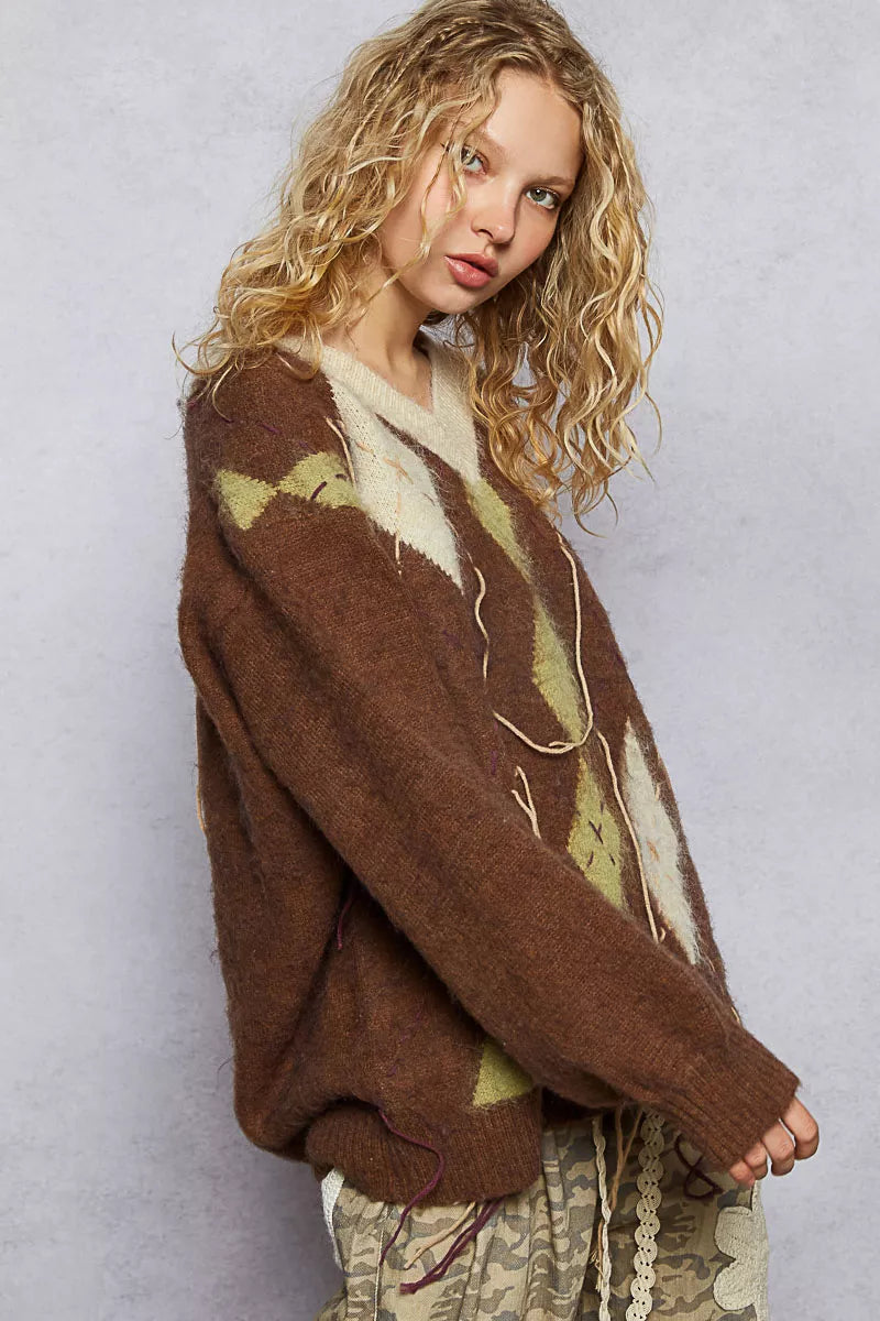 POL V-Neck Argyle Pattern Mohair Sweater with Contrast Exposed Stitch Detail