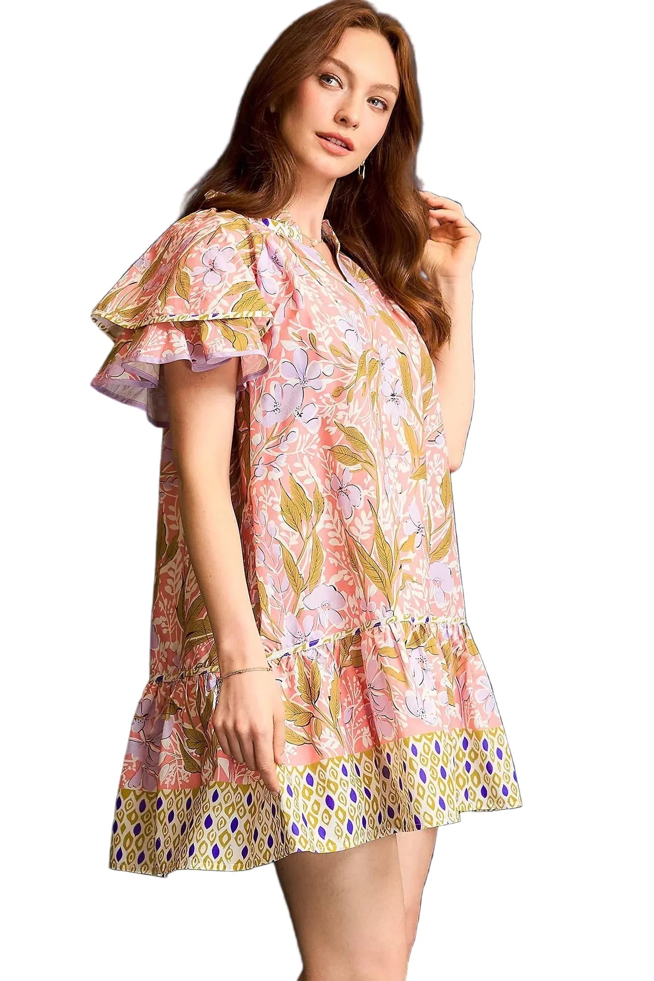 Floral Ruffle-Sleeve Tunic Dress