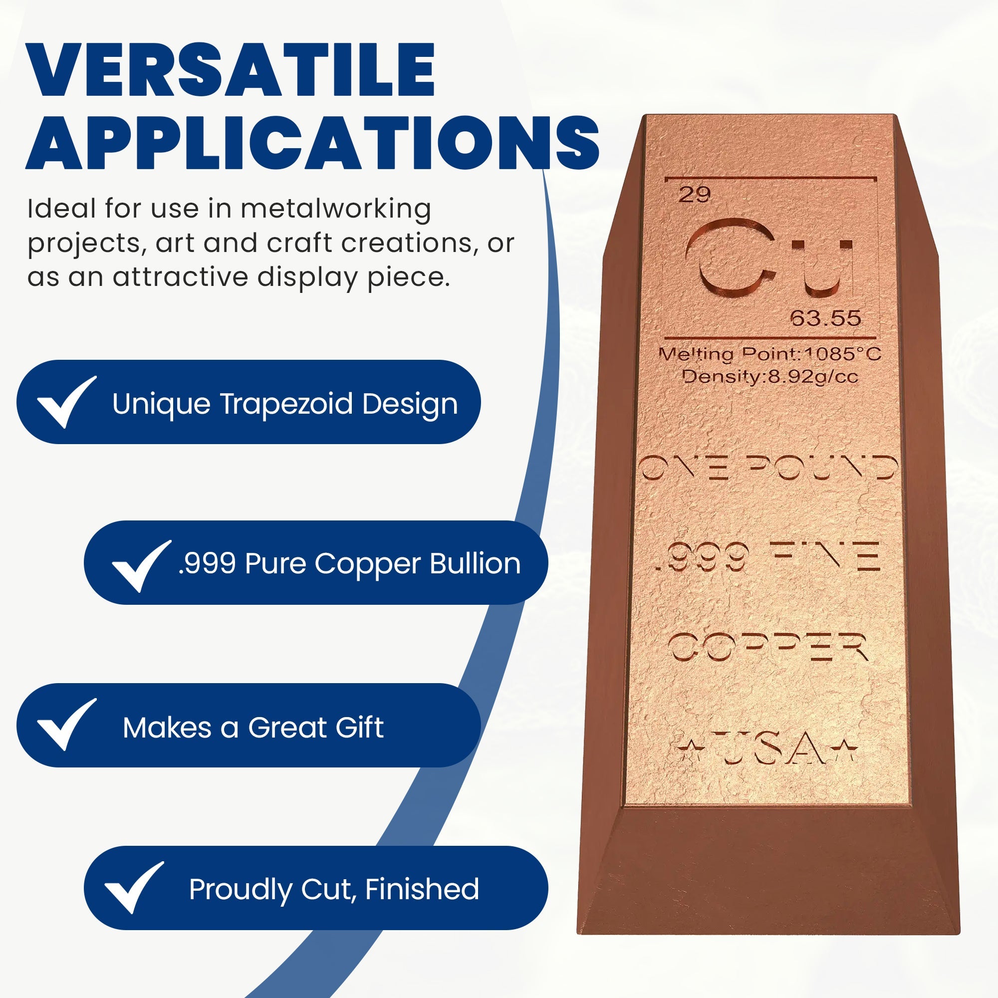 1 Pound Copper Bullion Bar Ingot Paperweight - 999 Pure Chemistry Element Design with Certificate of Authenticity