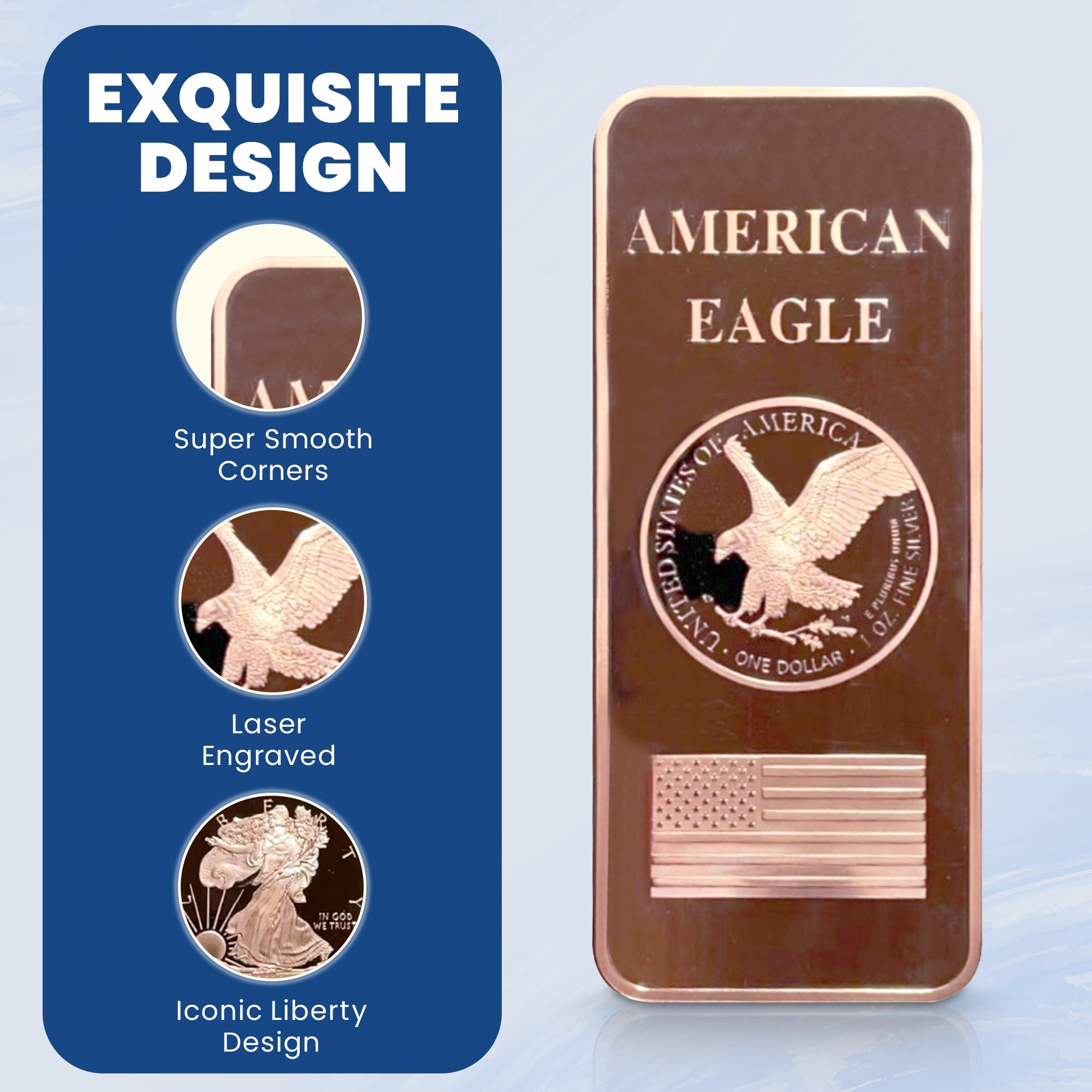 1 LB Troy Ounce/OZ .999 Pure American Metal Walking Liberty Eagle BAR Gold Copper Silver Precious Metals Pound Paperweight Pure Element CU Chemistry