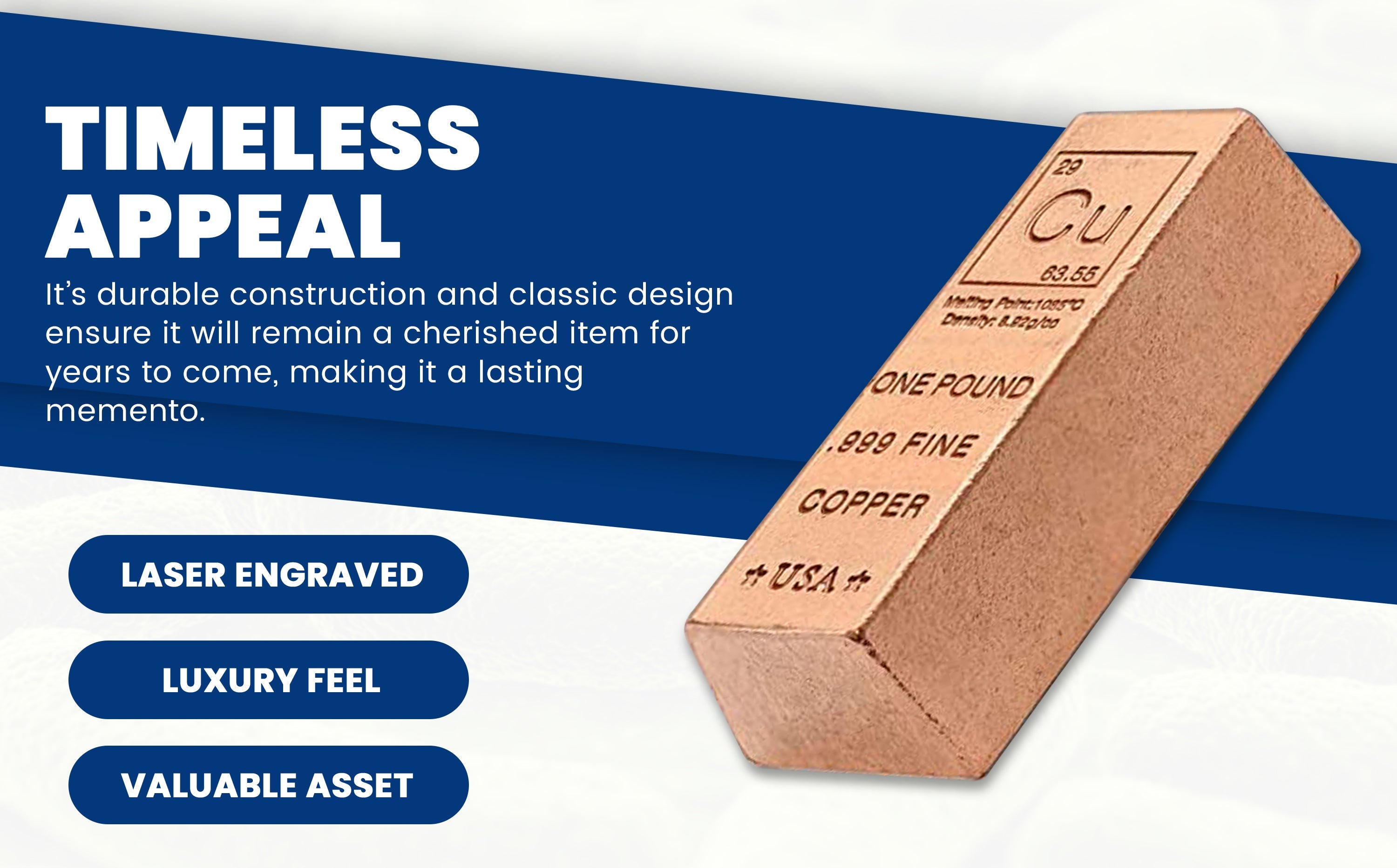 1 Pound Copper Bullion Bar Ingot Paperweight - 999 Pure Chemistry Element Design with Certificate of Authenticity