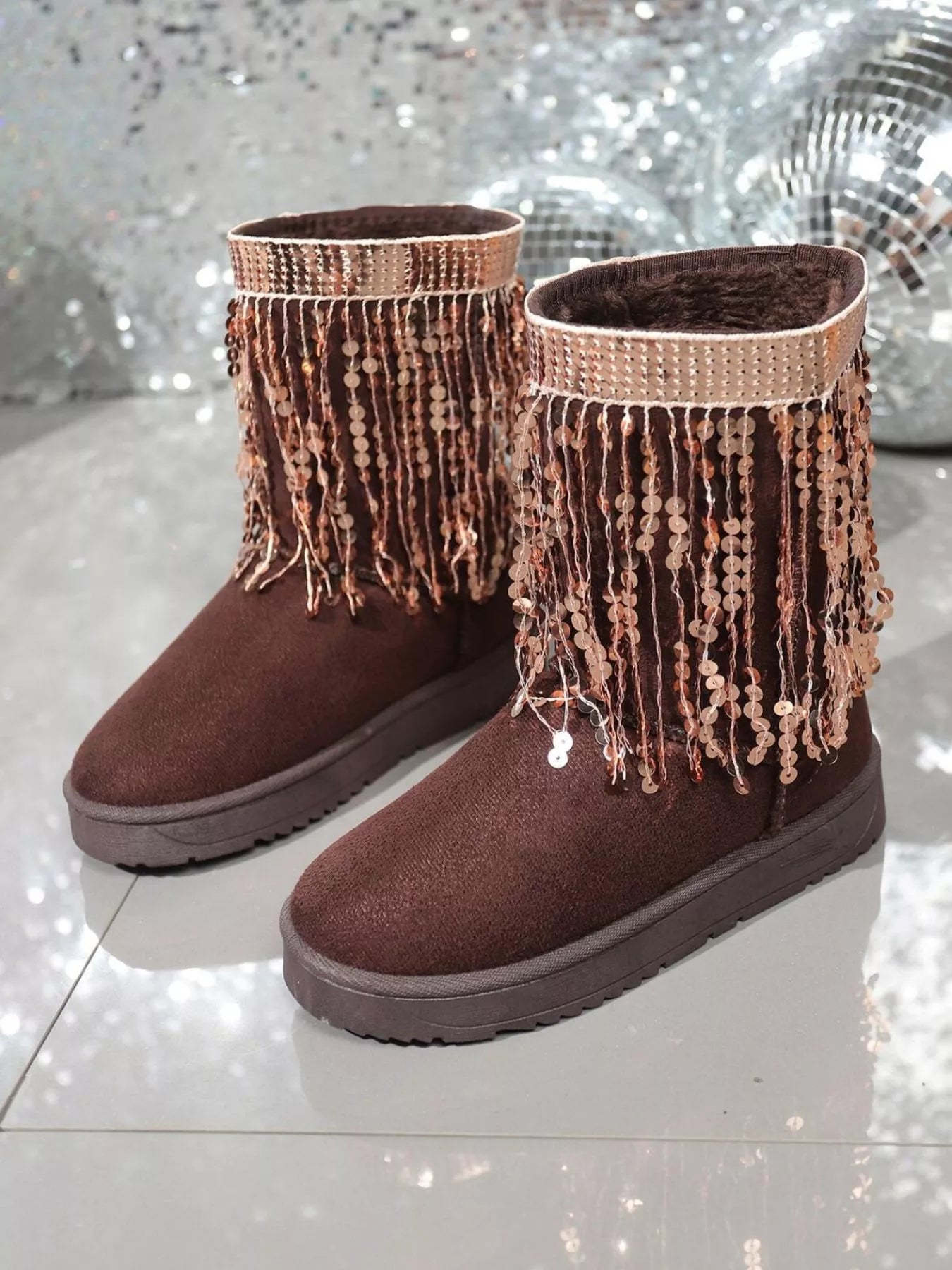 Sequin Fringe Suede Winter Boots