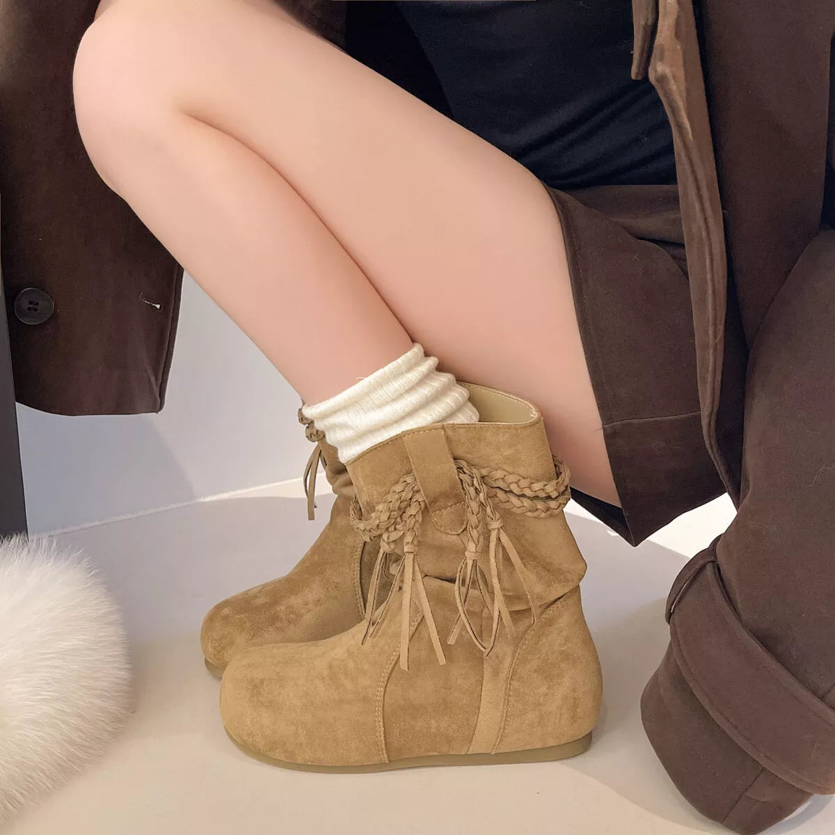 Suede Fringe Round Toe Boots