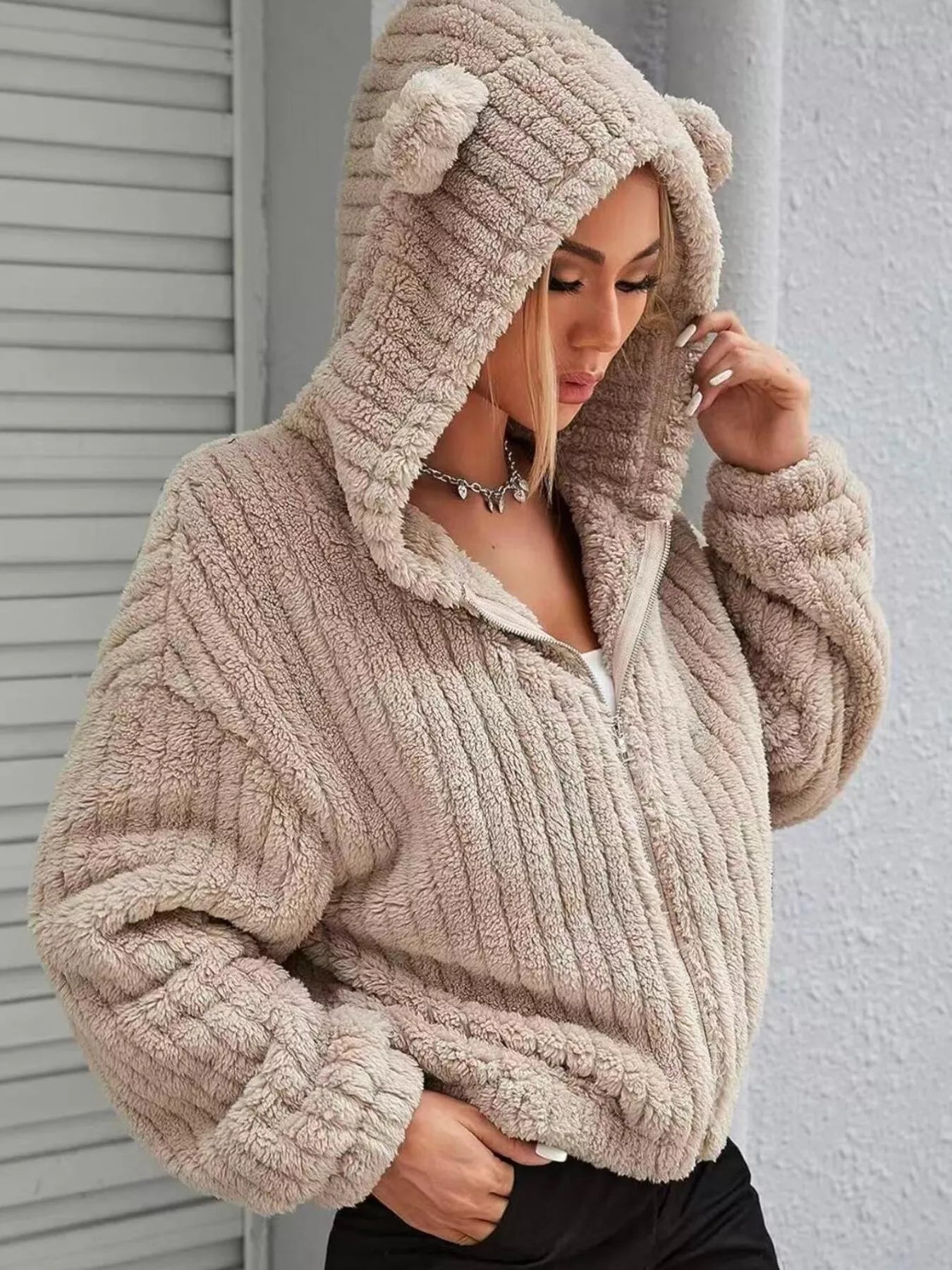 Teddy Bear Ear Hooded Fleece Outerwear
