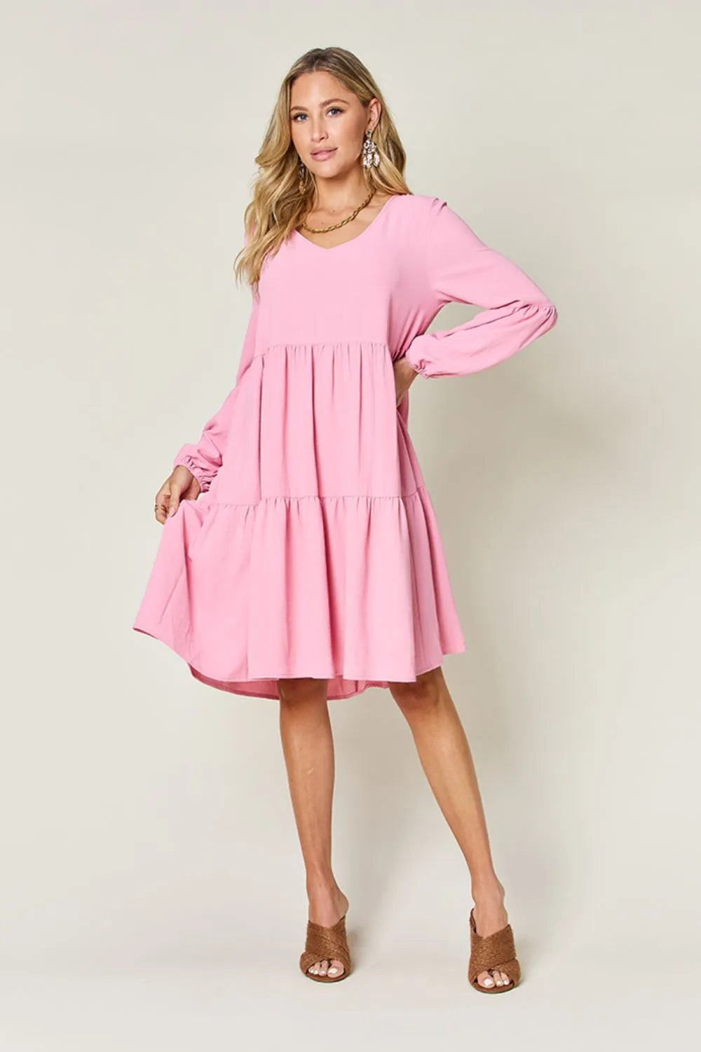Full-Size V-Neck Balloon Sleeve Tiered Dress with Pockets
