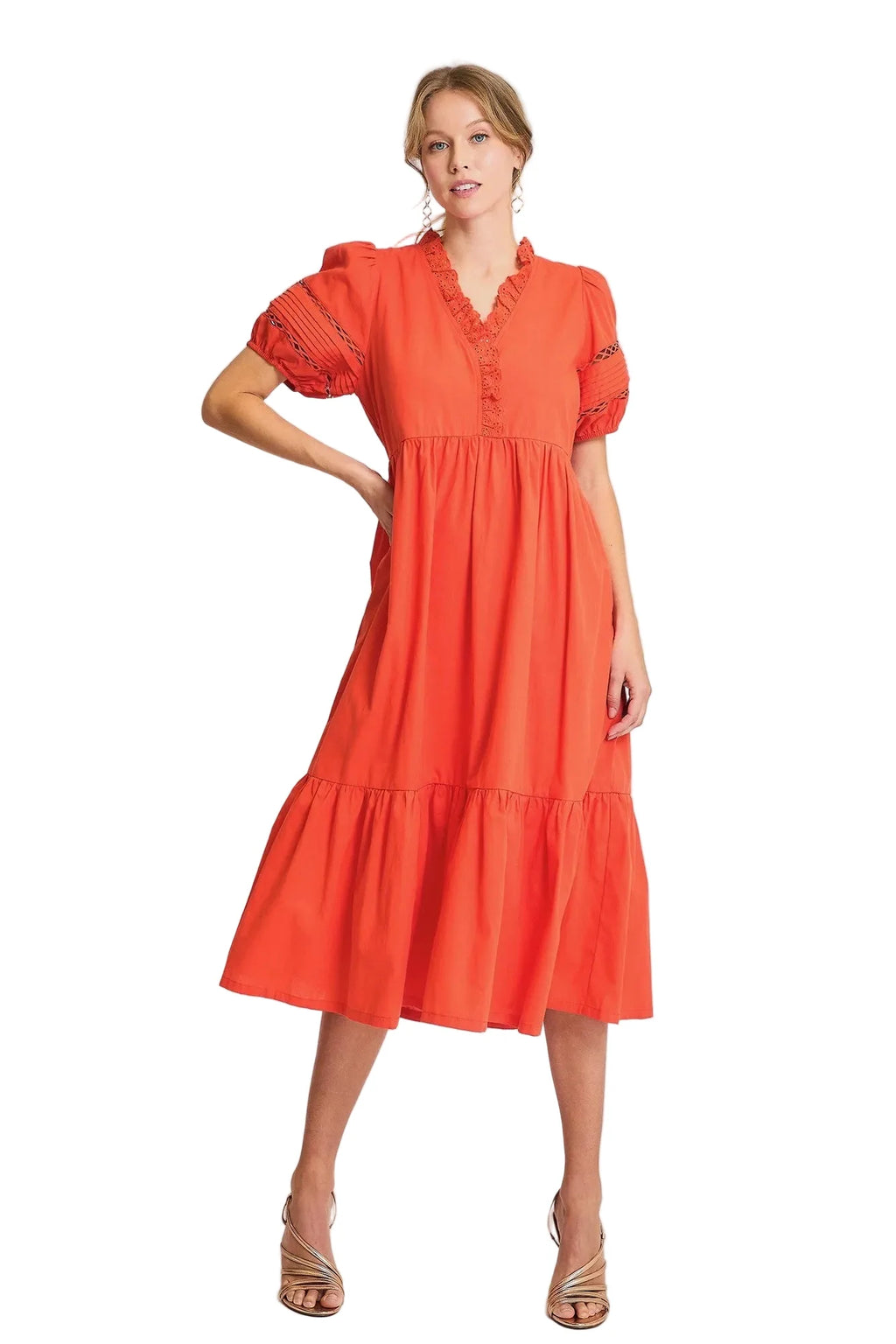 Short Sleeve Lace-Trim Ruffled Midi Dress