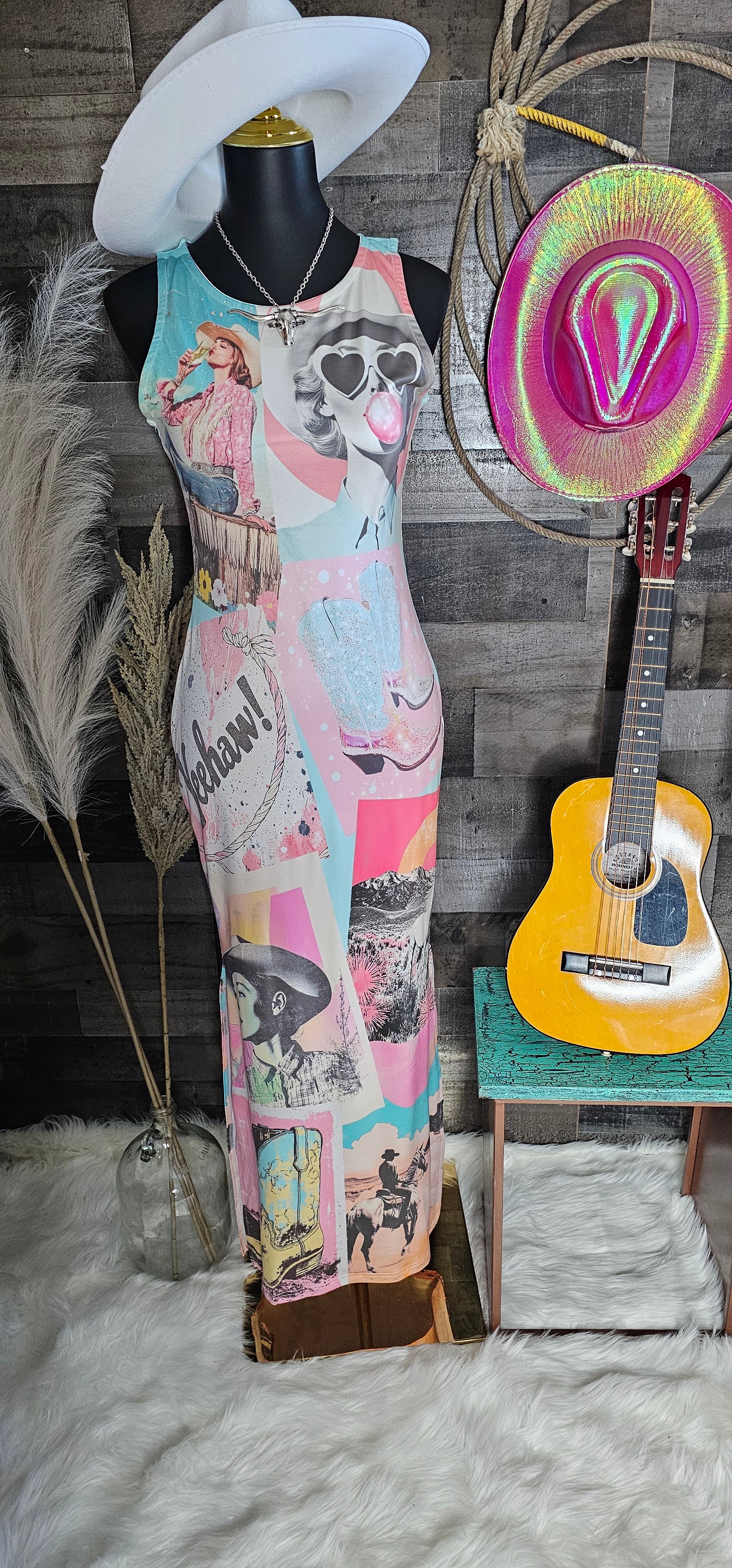 Baha Ranch Retro Pop Western Bodycon Side Slit Maxi Dress