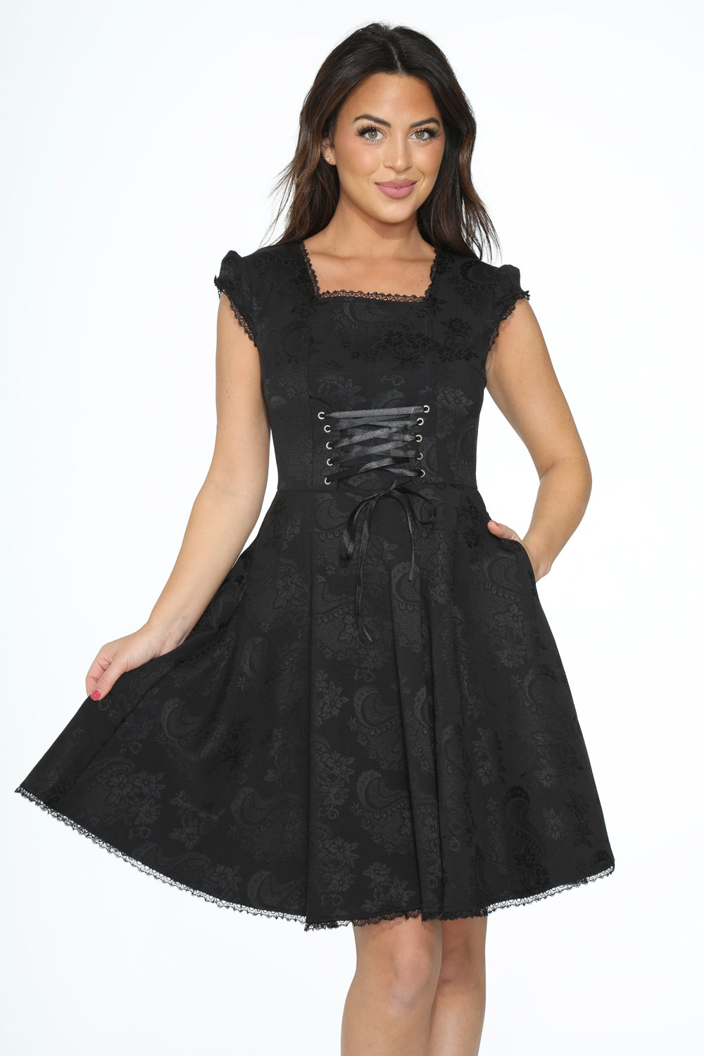 21440 Black Brocade Gothic Swing Dress