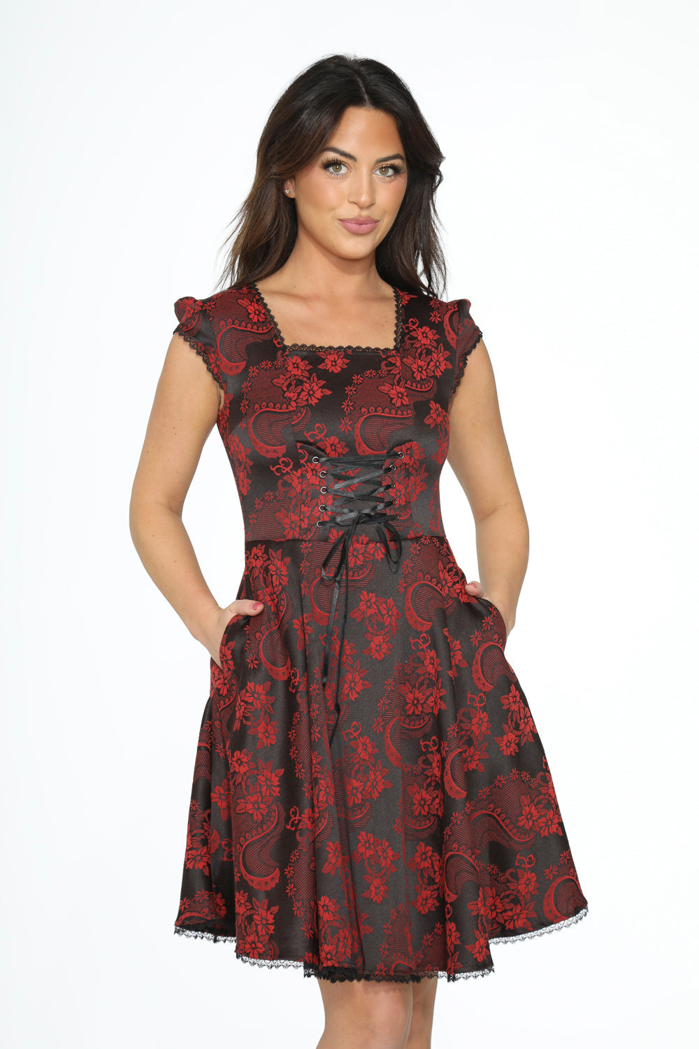 21441 Red Brocade Gothic Swing Dress