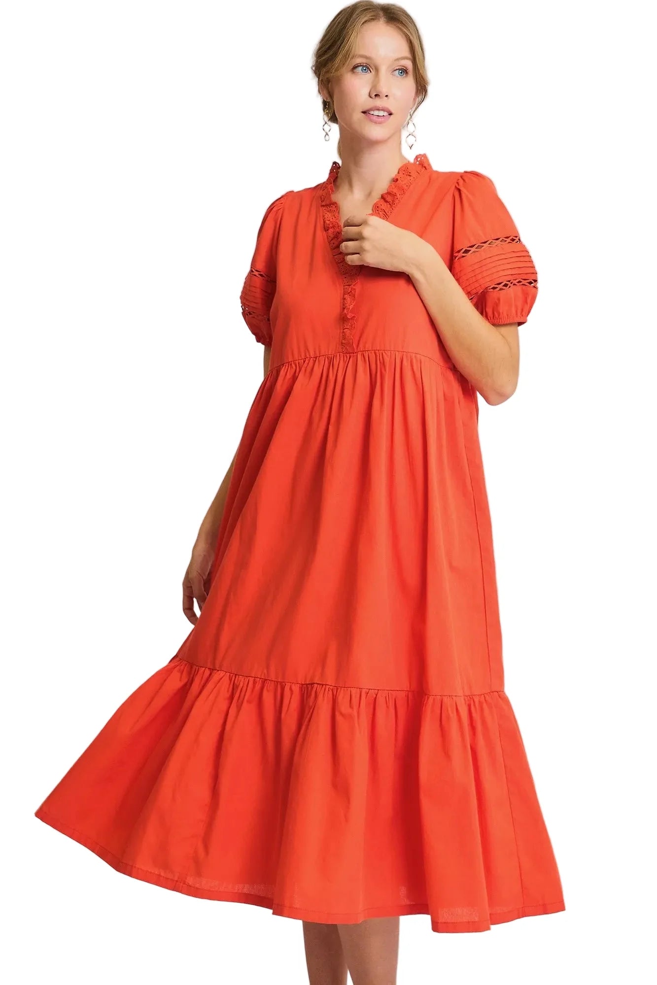 Short Sleeve Lace-Trim Ruffled Midi Dress