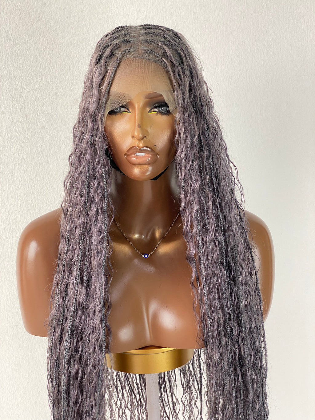 100% Human Hair Bohemian Knotless Braid Wig, Gray Color, Waist Length - (TARA GERY)