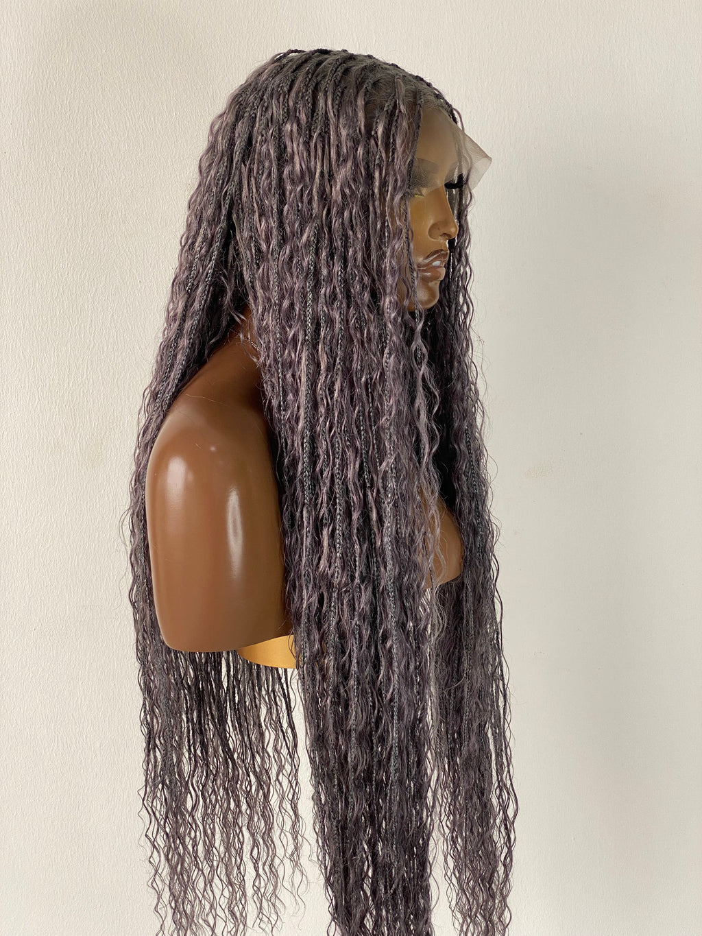 100% Human Hair Bohemian Knotless Braid Wig, Gray Color, Waist Length - (TARA GERY)
