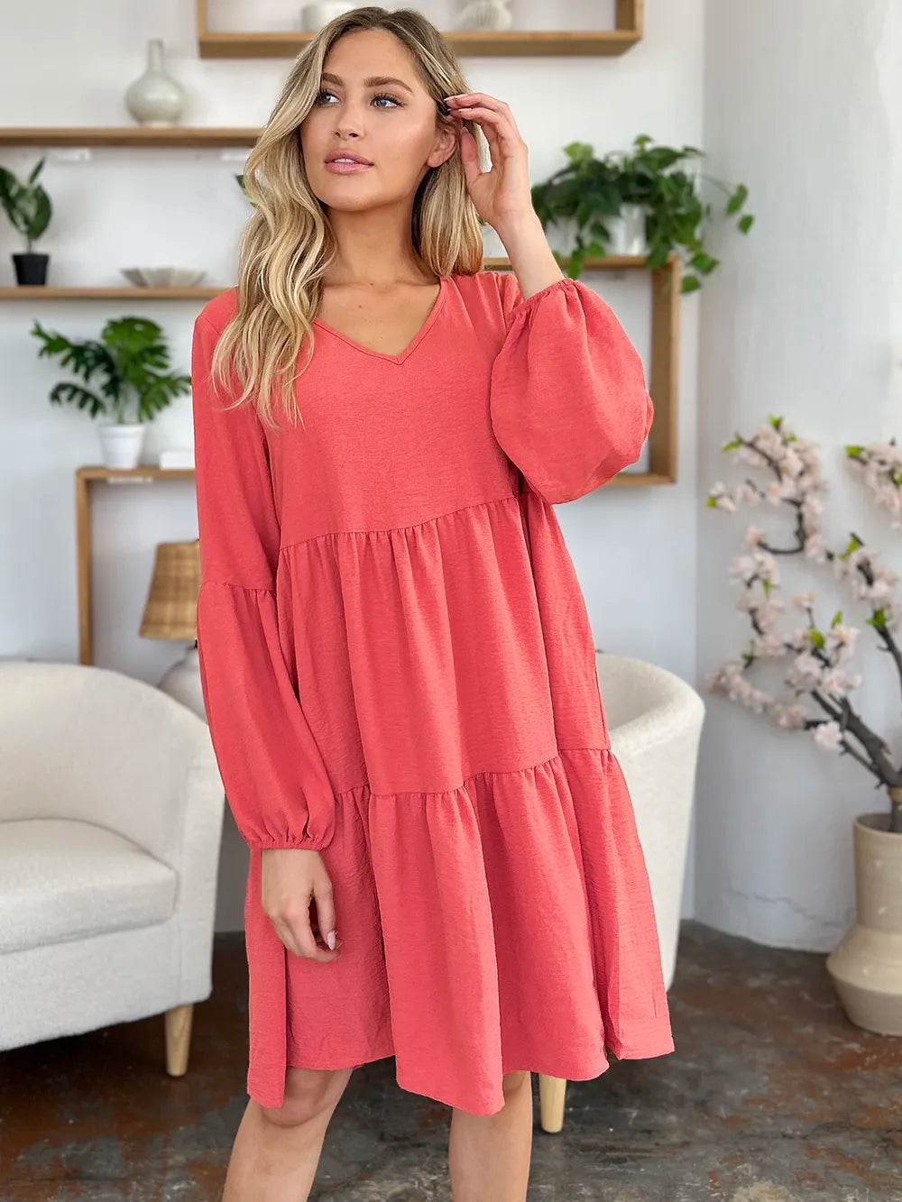 Full-Size V-Neck Balloon Sleeve Tiered Dress with Pockets