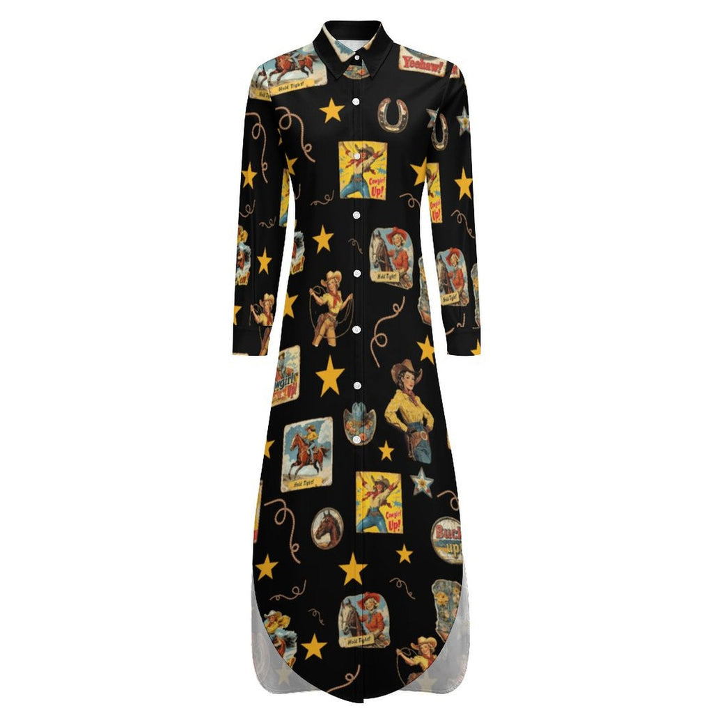 Vintage Cowgirl Collage Western Button-Up Long Sleeve Shirt Dress Duster