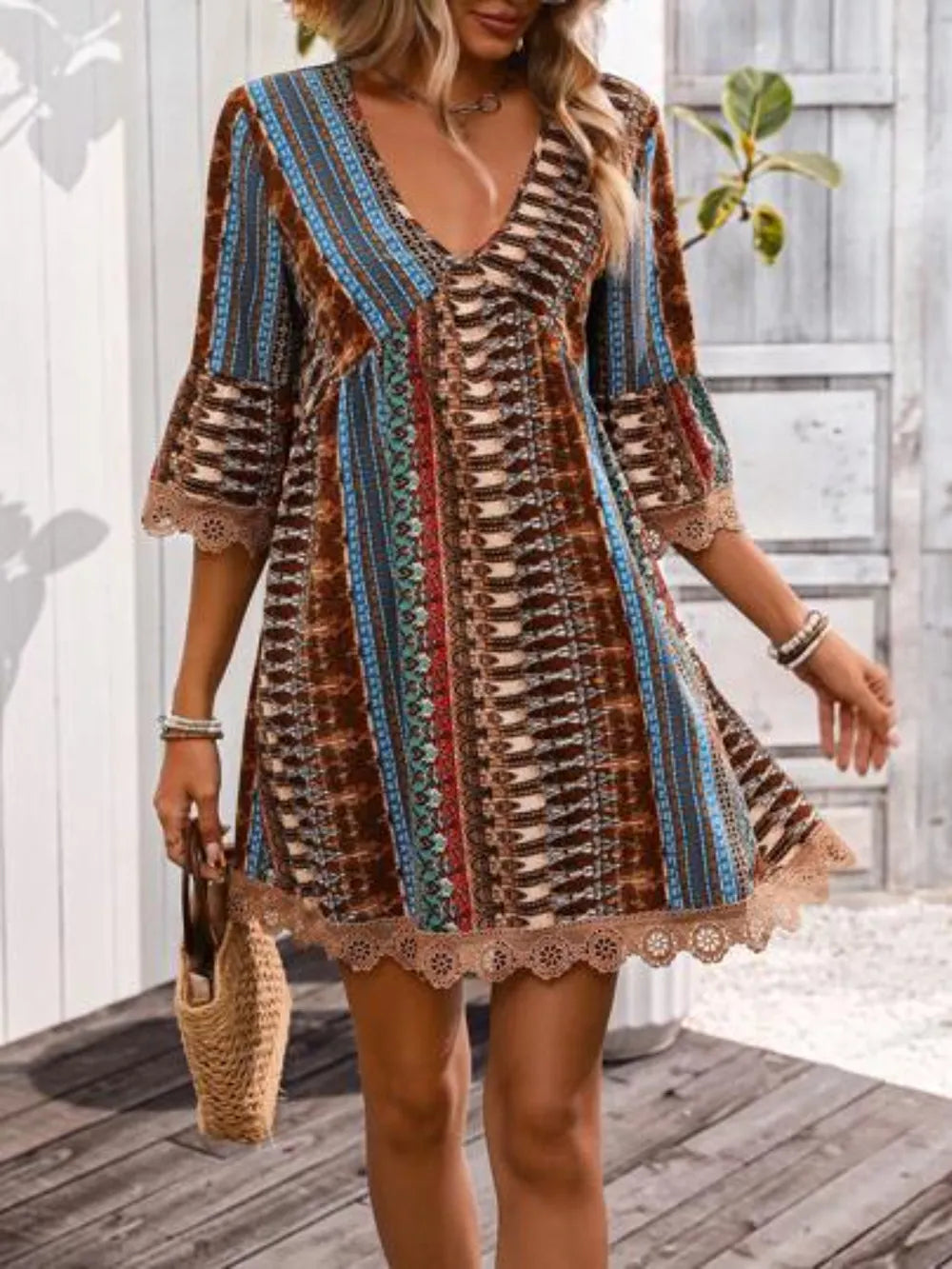 Lace Trim Printed V-Neck 3/4 Sleeve Dress