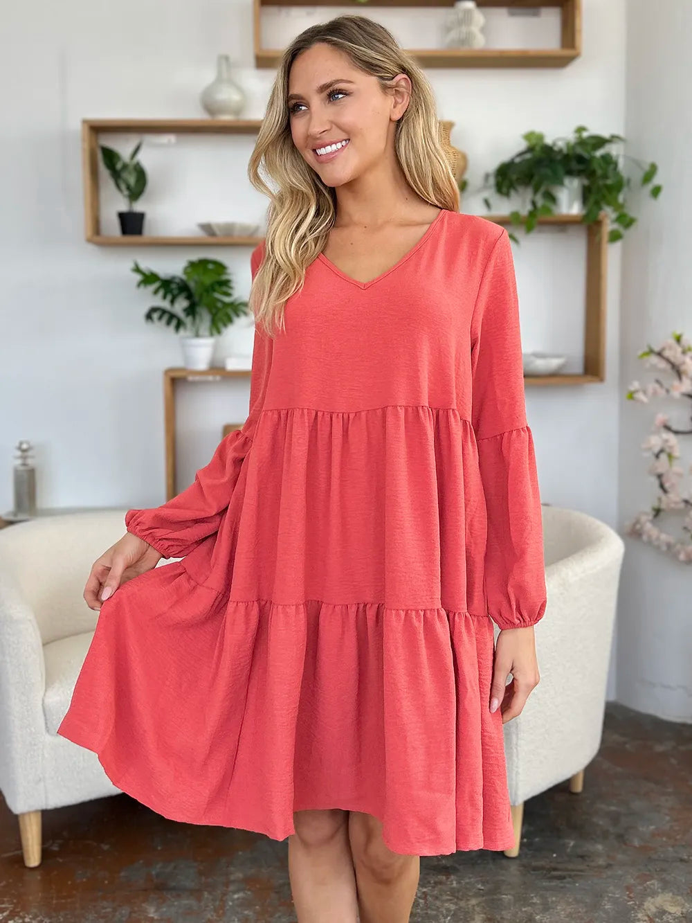 Full-Size V-Neck Balloon Sleeve Tiered Dress with Pockets