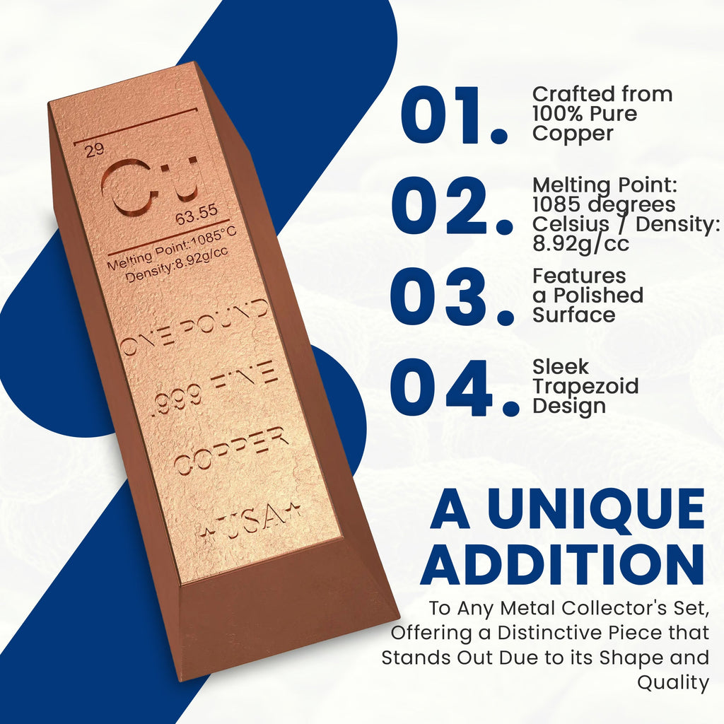 1 Pound Copper Bullion Bar Ingot Paperweight - 999 Pure Chemistry Element Design with Certificate of Authenticity