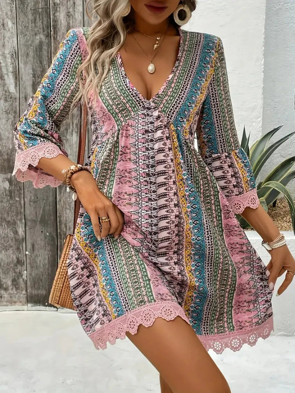 Lace Trim Printed V-Neck 3/4 Sleeve Dress