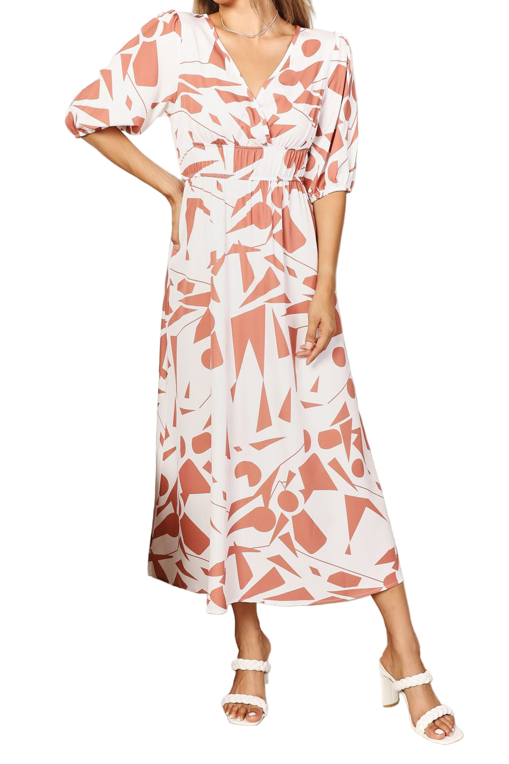 Printed Surplice Balloon Sleeve Dress