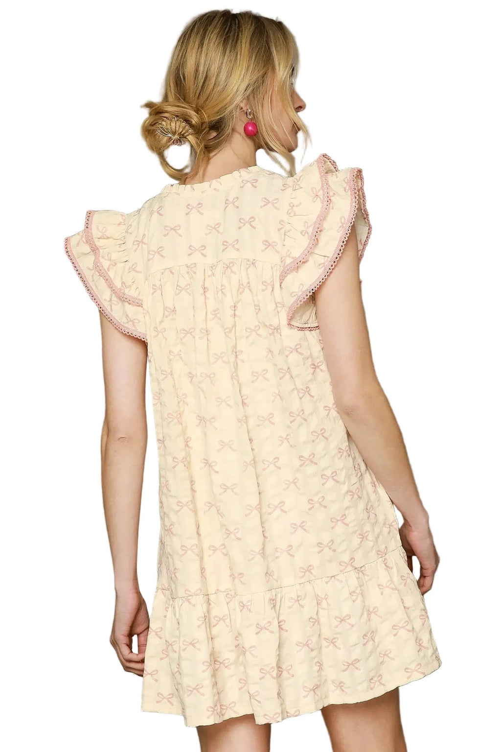 Bow Print Ruffled Cap Sleeve Mini Dress