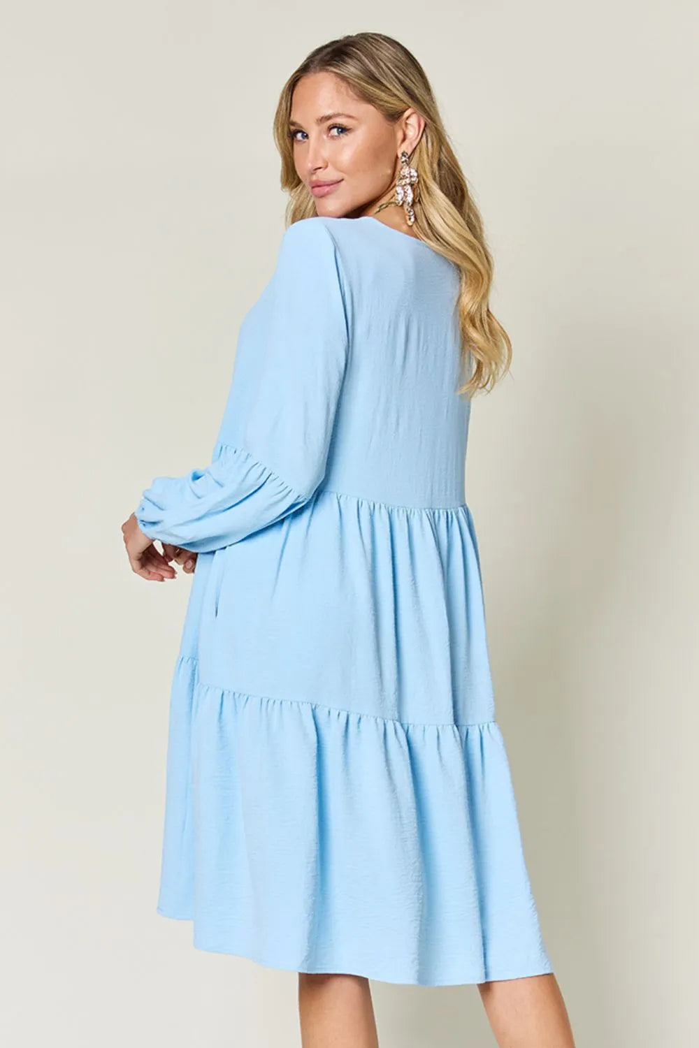 Full-Size V-Neck Balloon Sleeve Tiered Dress with Pockets