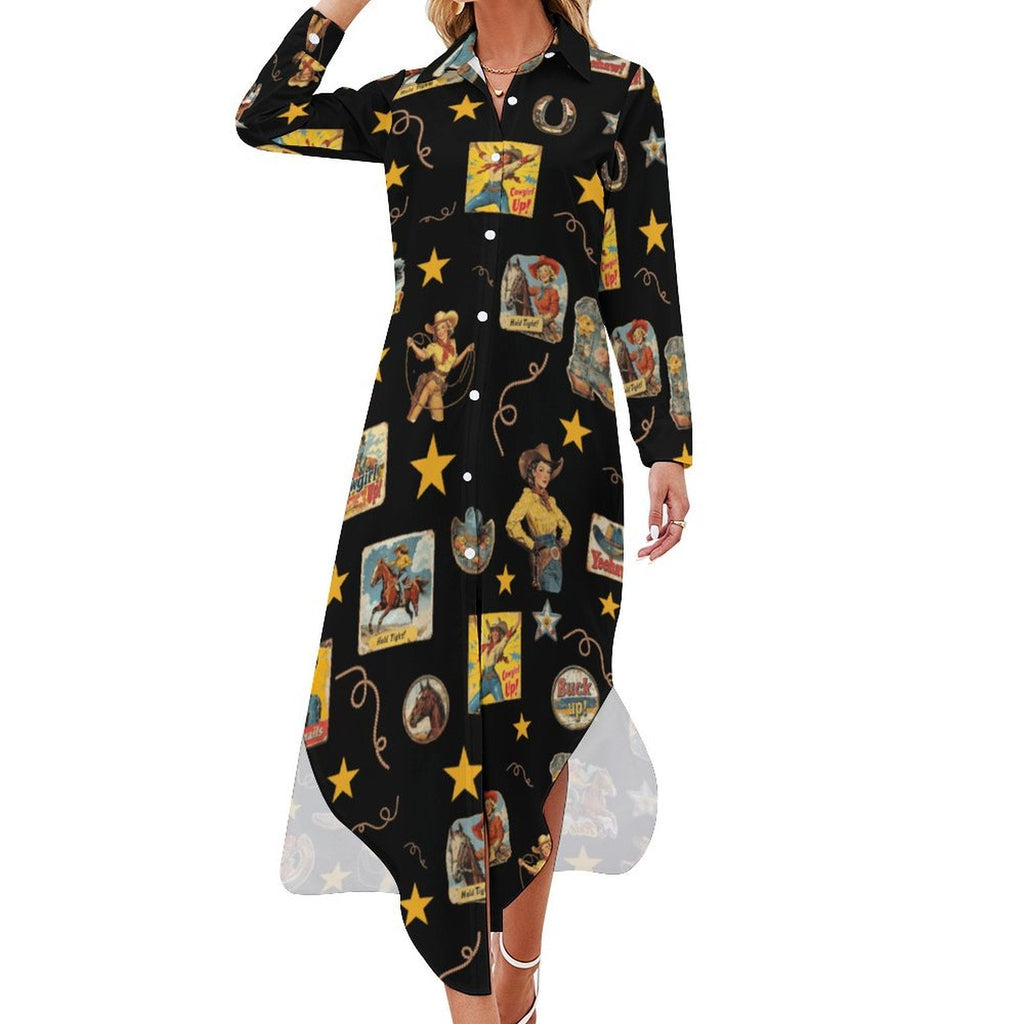 Vintage Cowgirl Collage Western Button-Up Long Sleeve Shirt Dress Duster