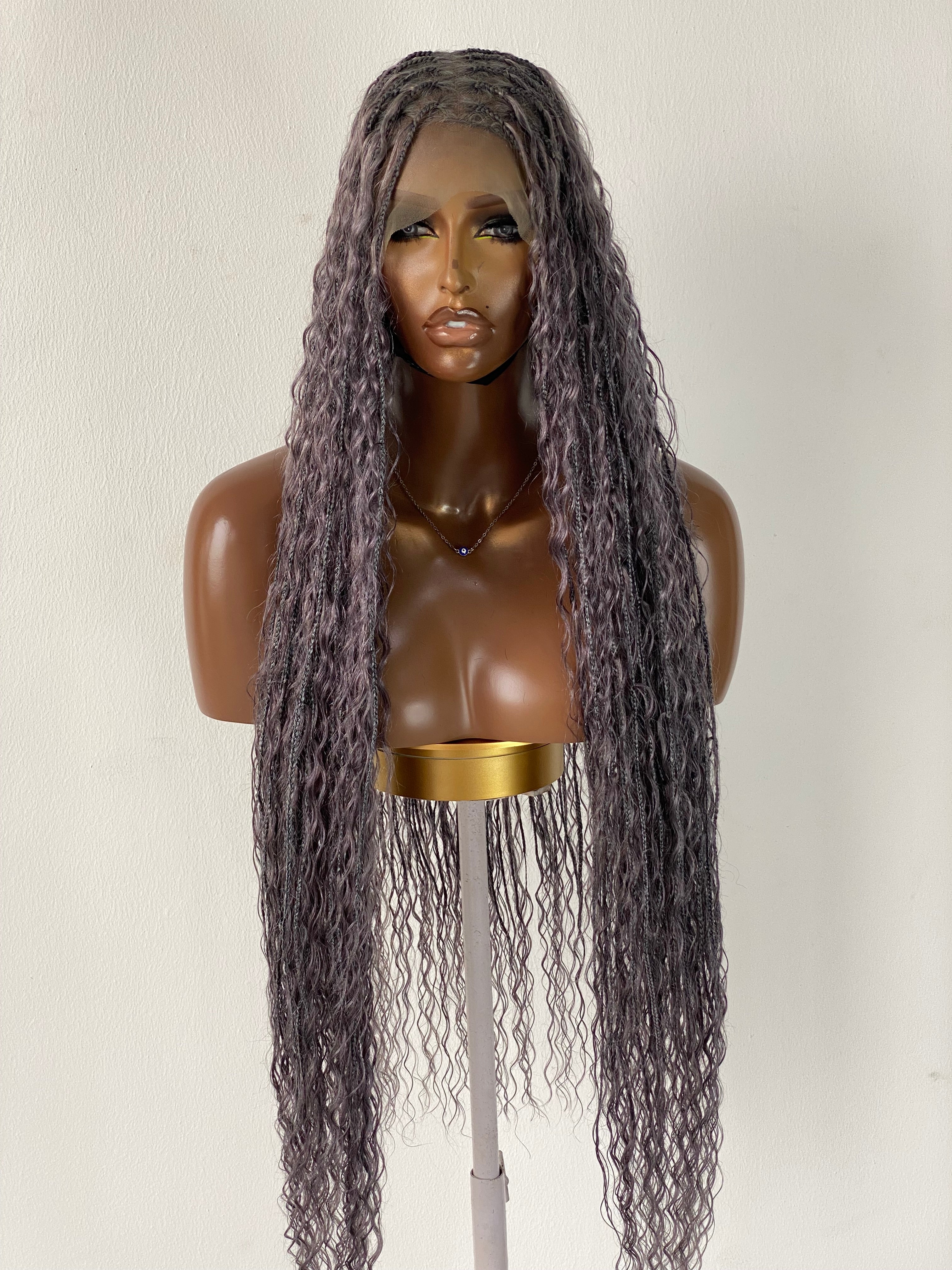 100% Human Hair Bohemian Knotless Braid Wig, Gray Color, Waist Length - (TARA GERY)
