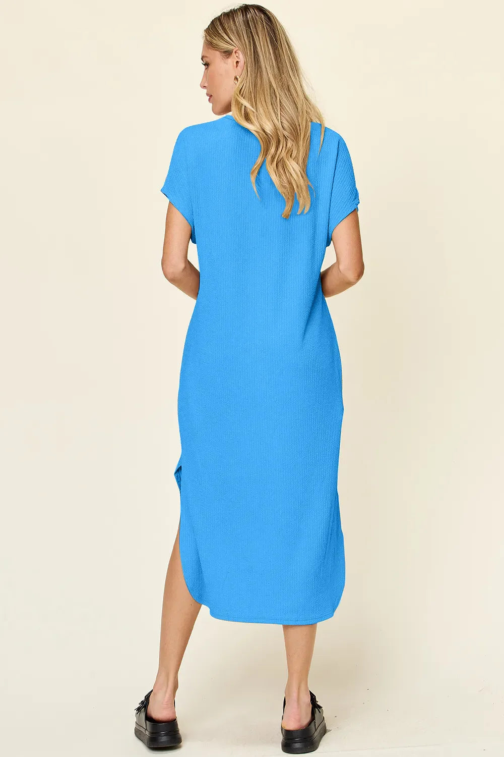 Full Size Round Neck Short Sleeve Slit Dress
