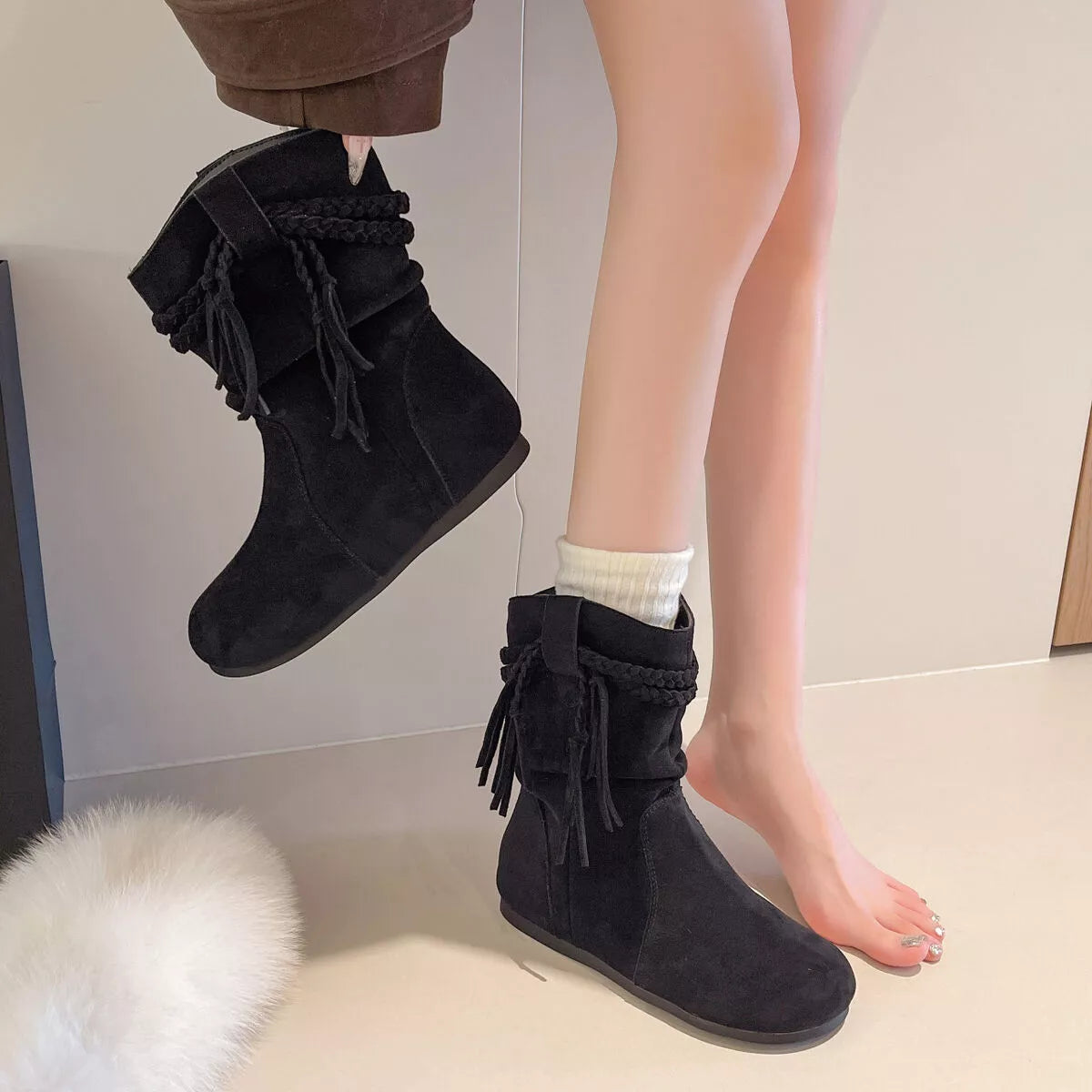 Suede Fringe Round Toe Boots