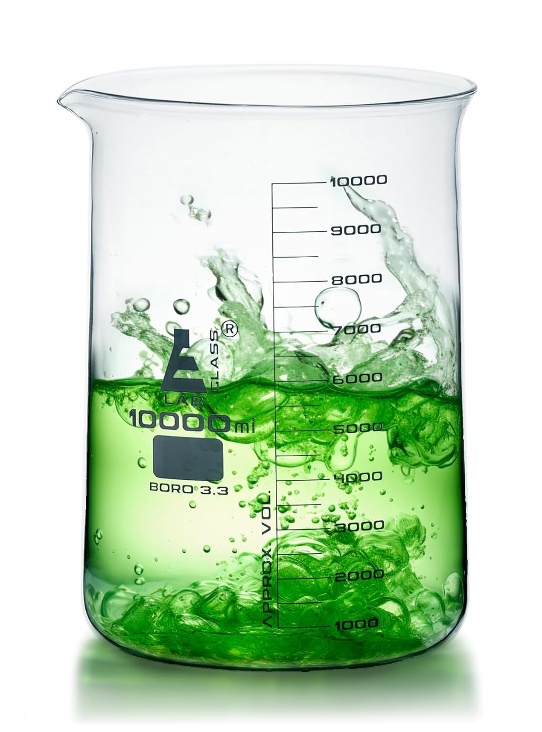 10,000ml Beaker Low Form with Spout - White, 500ml Graduations - Borosilicate 3.3 Glass - 10L Large Beaker