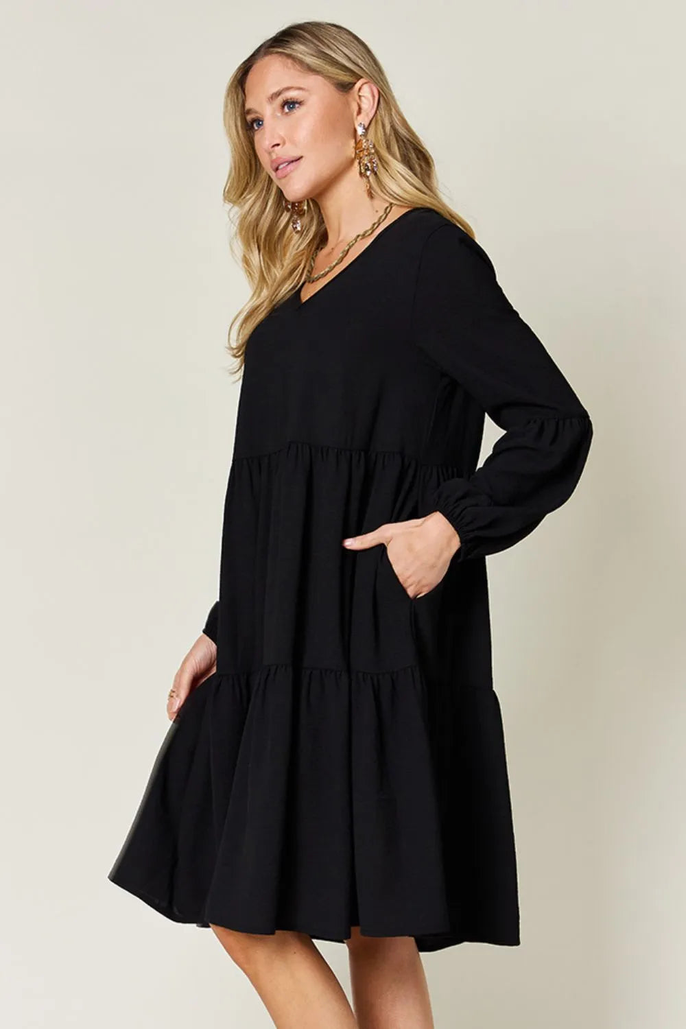 Full-Size V-Neck Balloon Sleeve Tiered Dress with Pockets