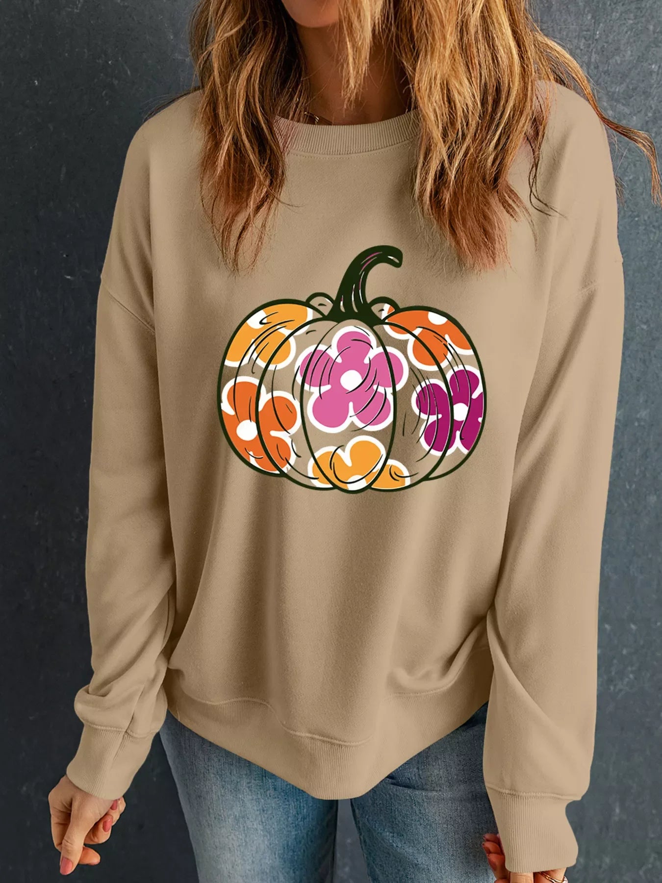Halloween Floral Pumpkin Graphic Drop Shoulder Sweatshirt