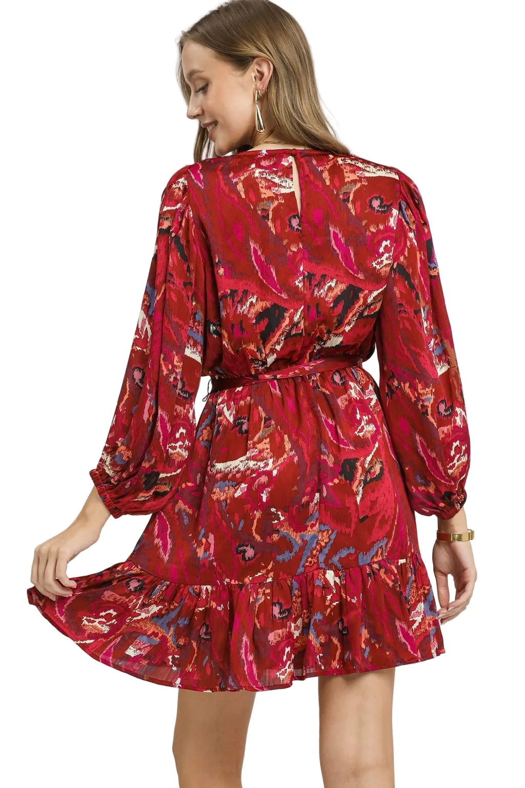 Ruffled Hem Printed Balloon Sleeve Dress