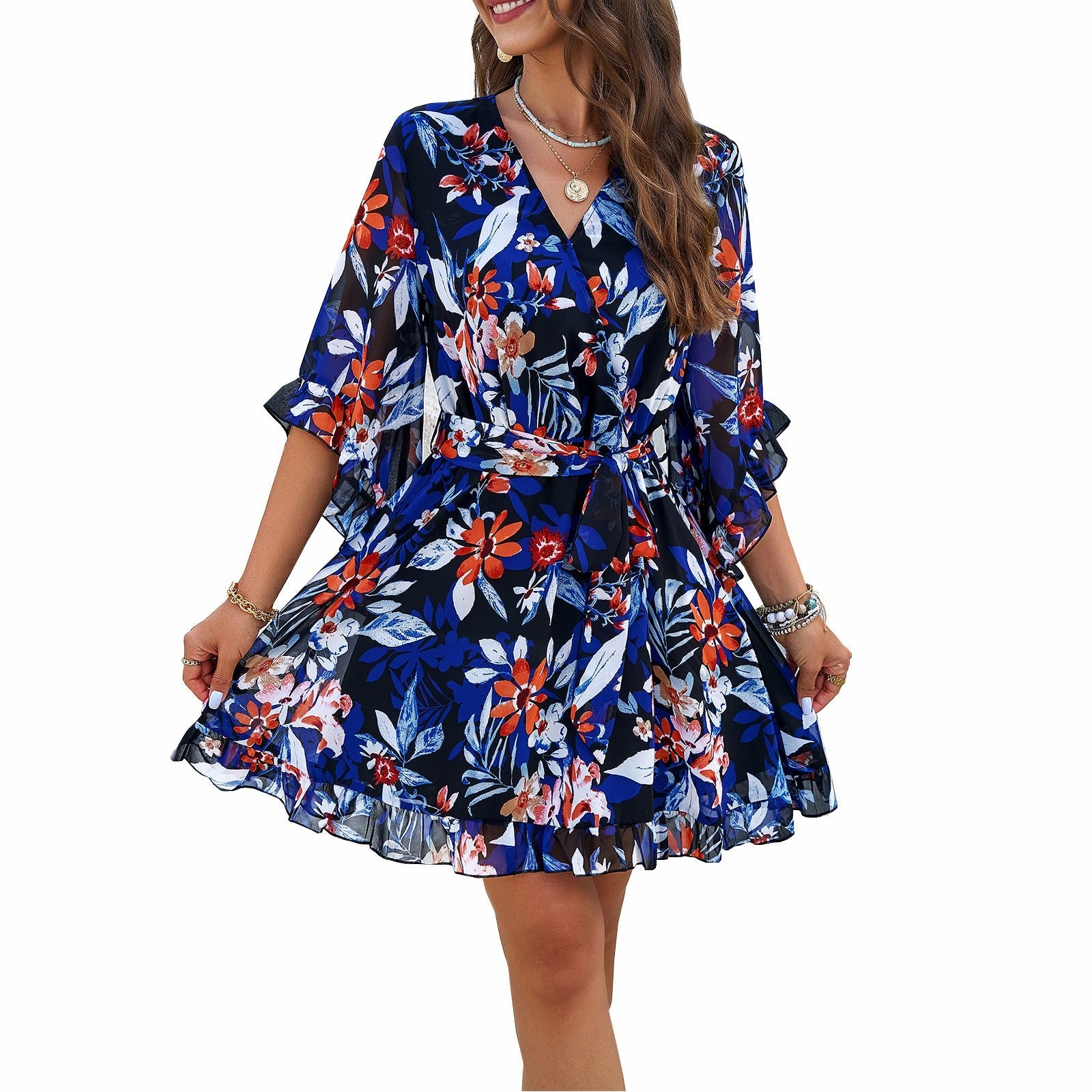 Ladies' elegant spring and summer temperament printed lace up dress