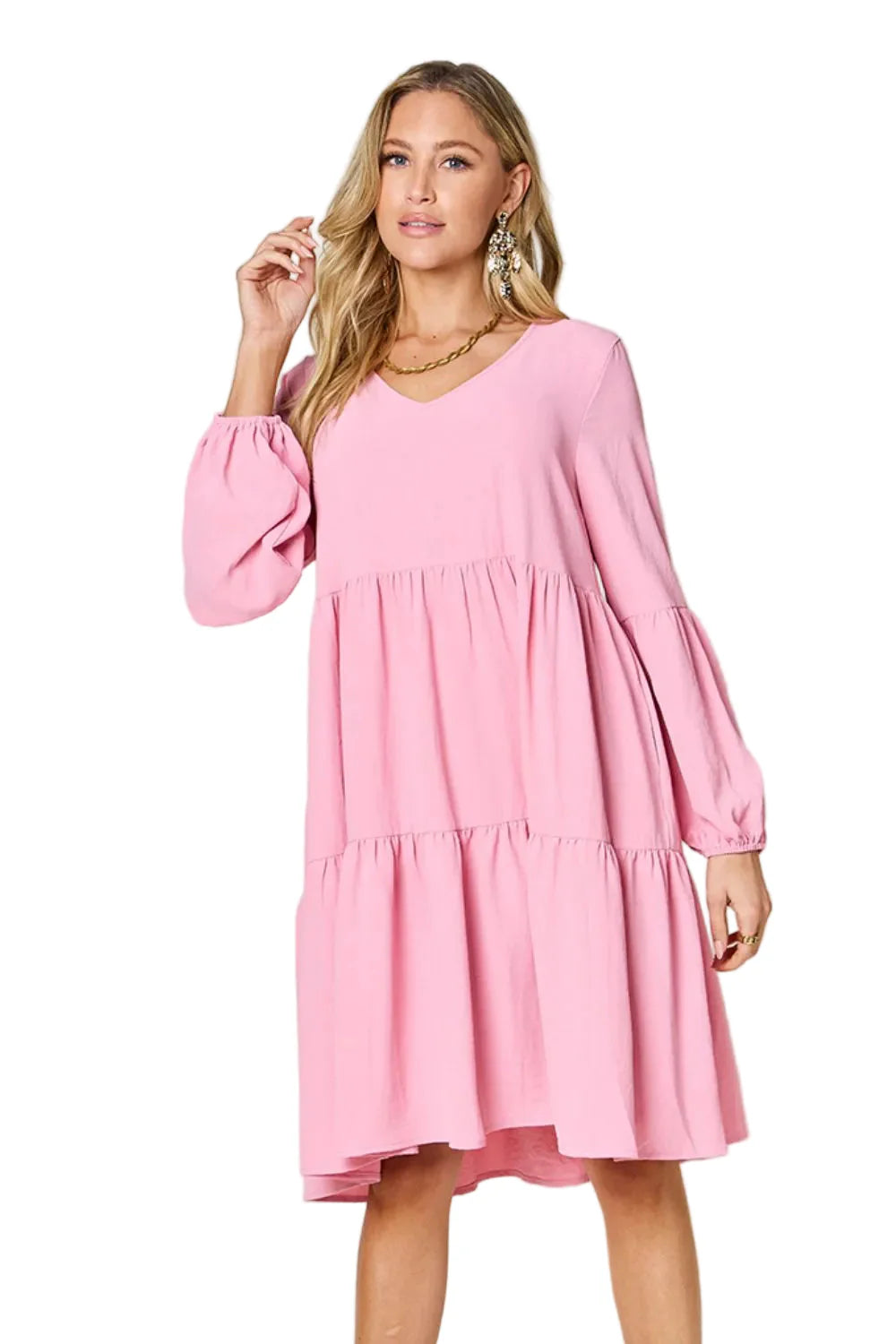 Full-Size V-Neck Balloon Sleeve Tiered Dress with Pockets