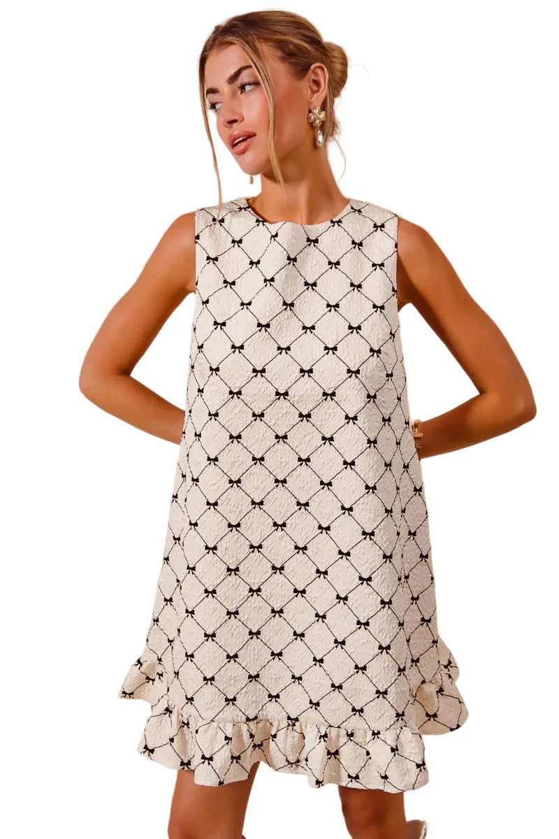 Texture Bow Printed Mini Ruffle Dress