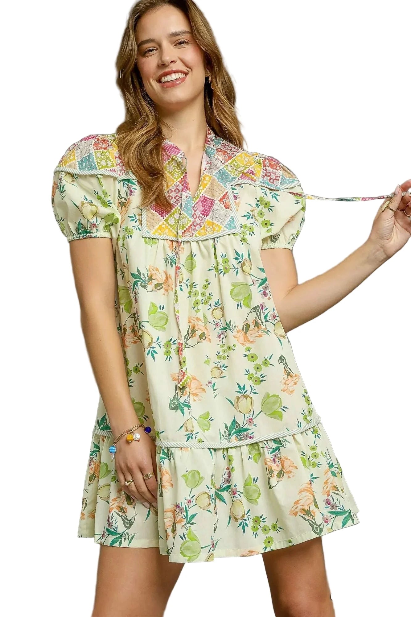 Floral Print Tie Neck Puff Sleeve Dress