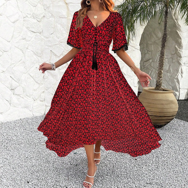 Spring/Summer Women's V-neck High Waist Elegant Printed Dress