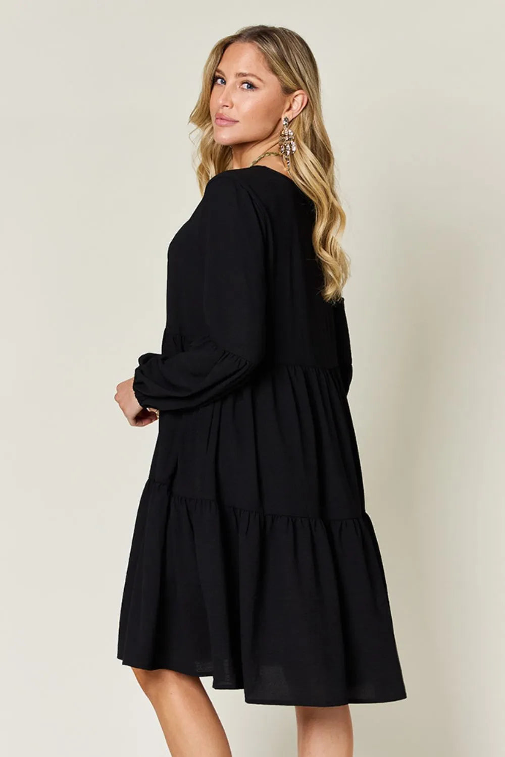 Full-Size V-Neck Balloon Sleeve Tiered Dress with Pockets