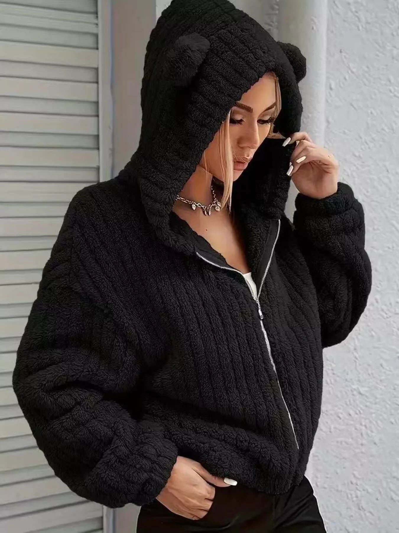 Teddy Bear Ear Hooded Fleece Outerwear