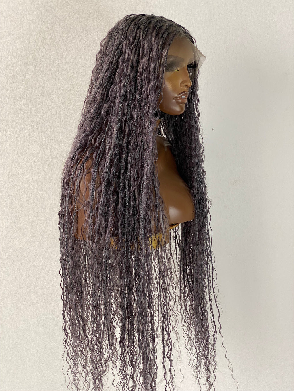 100% Human Hair Bohemian Knotless Braid Wig, Gray Color, Waist Length - (TARA GERY)